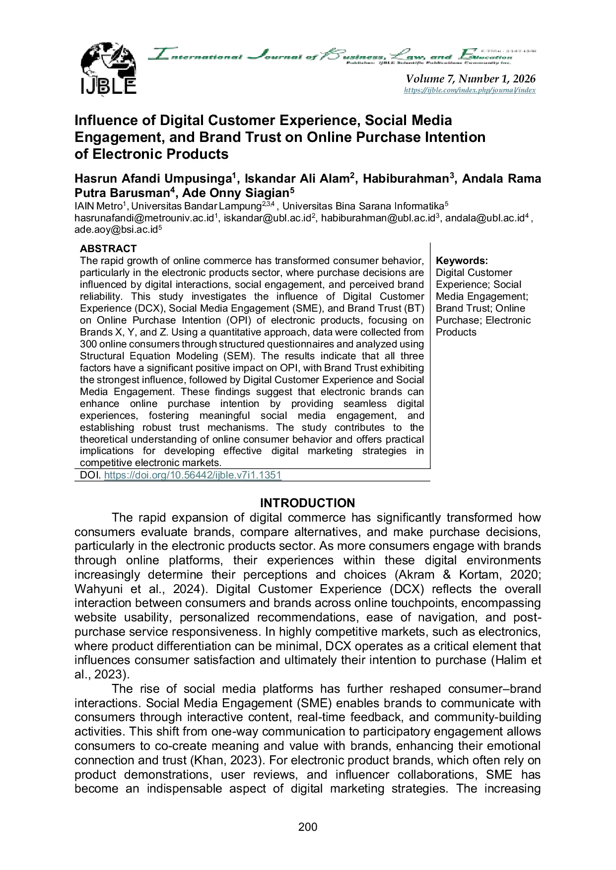 JURIS Influence of Digital Customer Experience Social Media Engagement and Brand Trust on Online Purchase Intention of Electronic Products