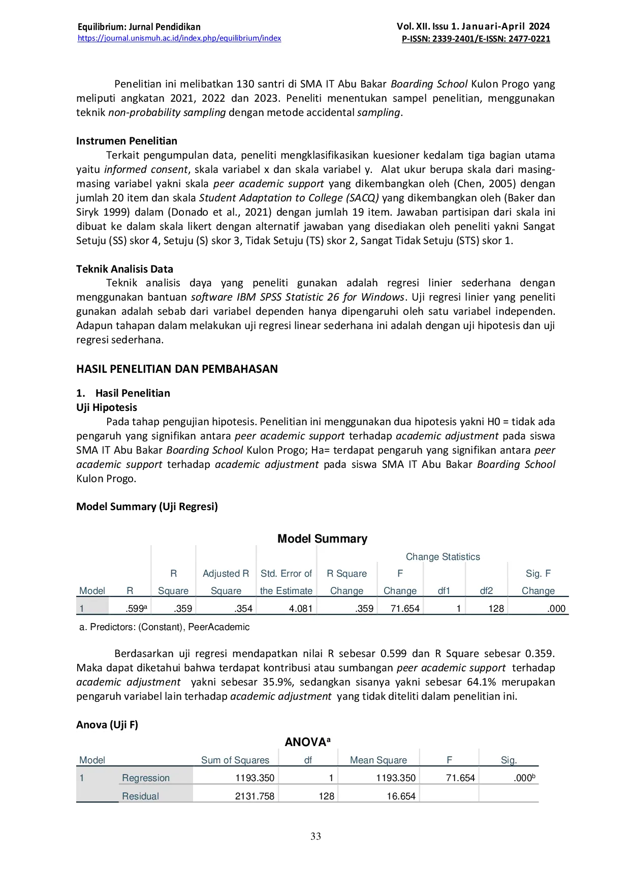 JURIS Pengaruh Peer Academic Support Terhadap Academic Adjustment Pada Siswa SMA IT Abu Bakar Boarding School Kulon Progo