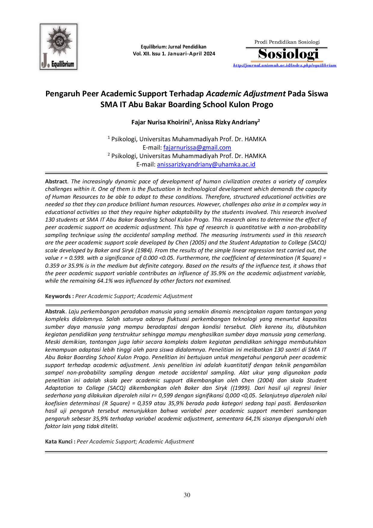 JURIS Pengaruh Peer Academic Support Terhadap Academic Adjustment Pada Siswa SMA IT Abu Bakar Boarding School Kulon Progo
