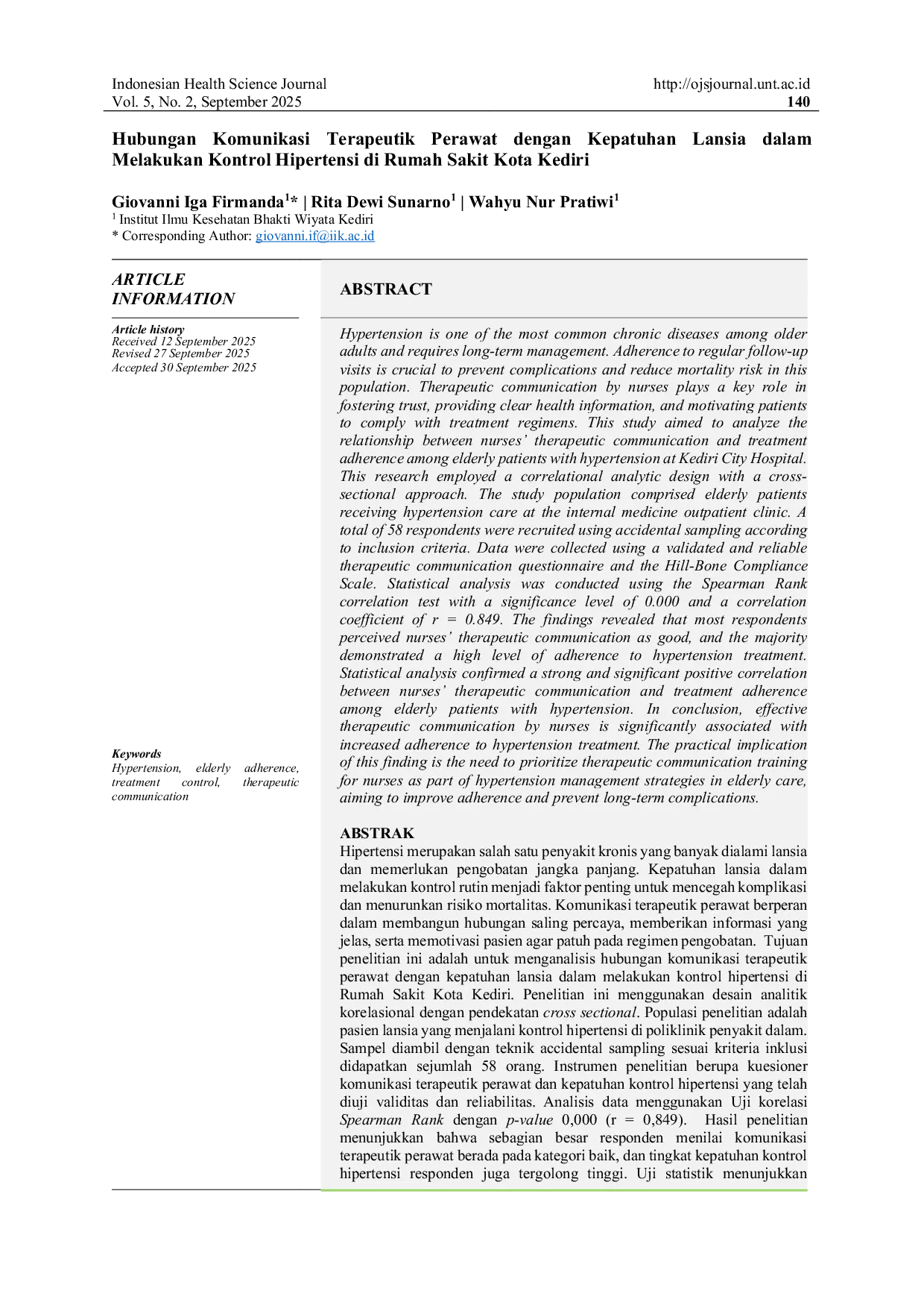 JURIS Hubungan Komunikasi Terapeutik Perawat dengan Kepatuhan Lansia dalam Melakukan Kontrol Hipertensi di Rumah Sakit Kota Kediri
