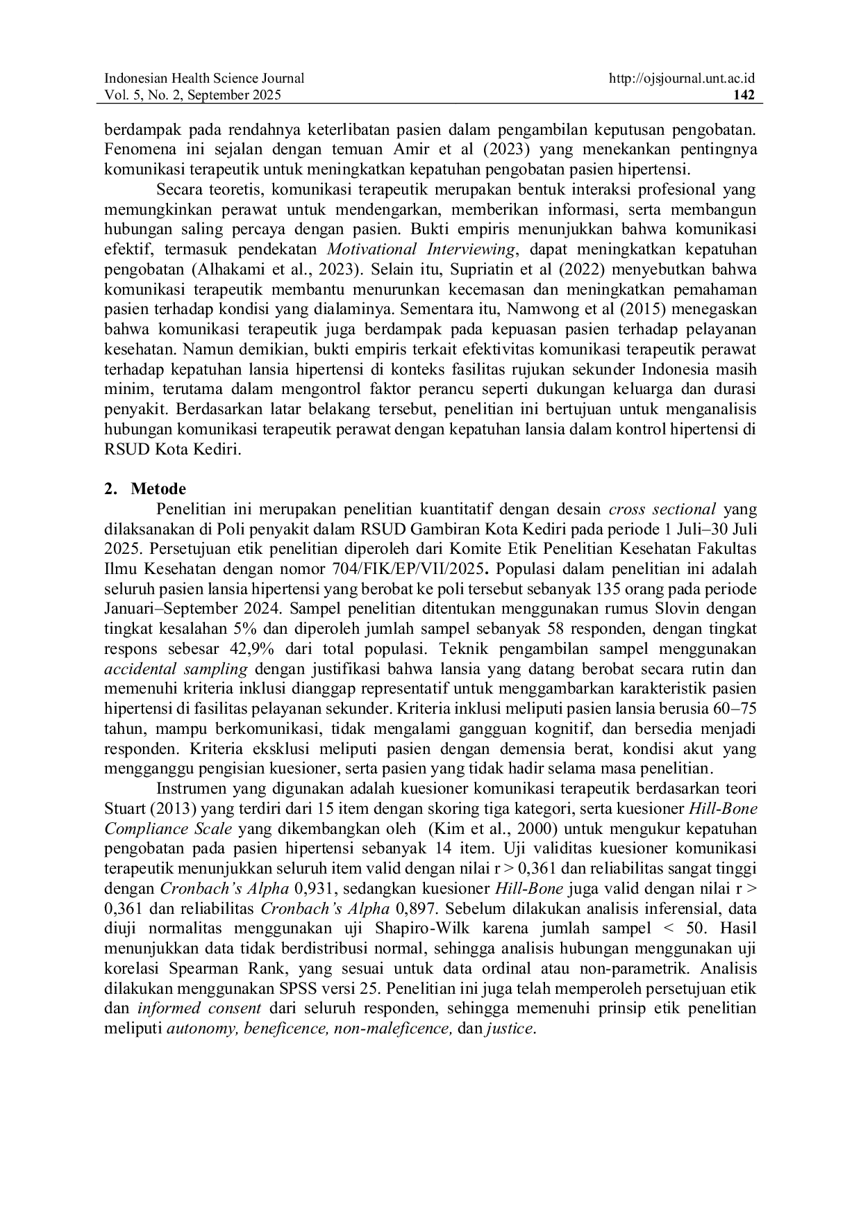 JURIS Hubungan Komunikasi Terapeutik Perawat dengan Kepatuhan Lansia dalam Melakukan Kontrol Hipertensi di Rumah Sakit Kota Kediri