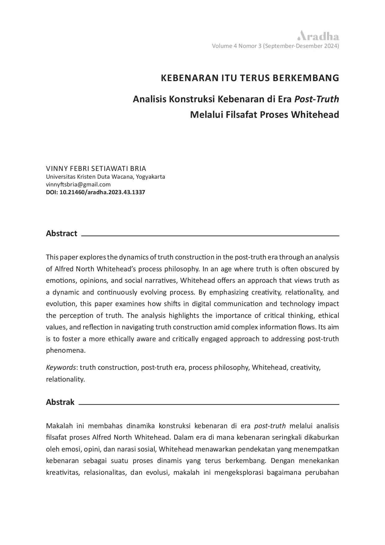 JURIS Kebenaran Itu Terus Berkembang Analisis Konstruksi Kebenaran di Era Post Truth Melalui Filsafat Proses Whitehead