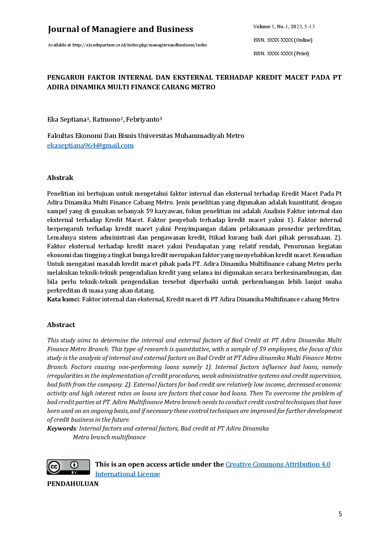 juris Pengaruh Faktor Internal Dan Eksternal Terhadap Kredit Macet Pada Pt Adira Dinamika Multi Finance Cabang Metro