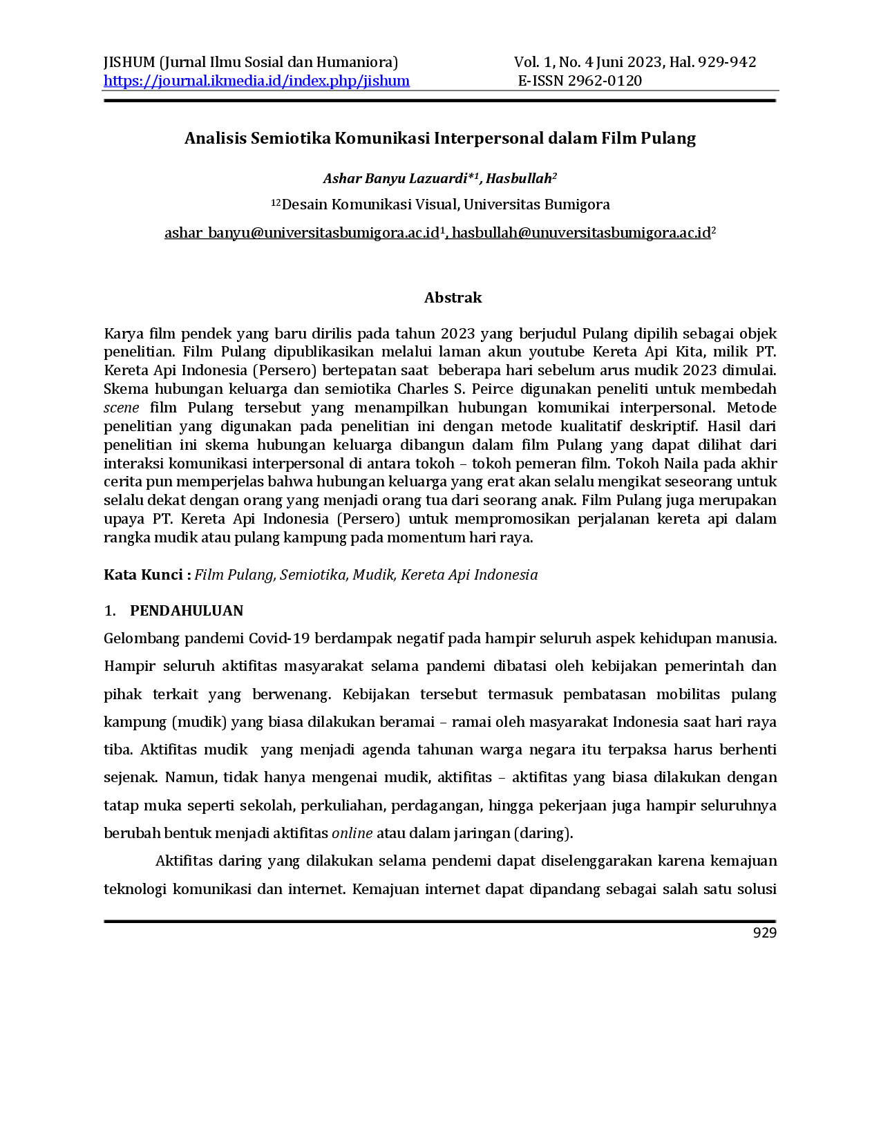 juris Analisis Semiotika Komunikasi Interpersonal dalam Film Pulang