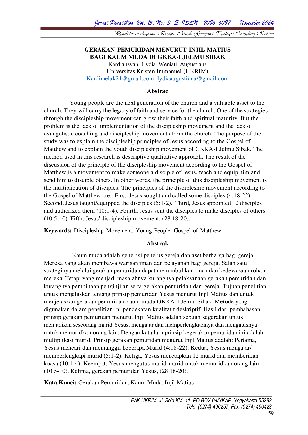 JURIS Gerakan Pemuridan Menurut Injil Matius Bagi Kaum Muda Di Gkka I Jelmu Sibak