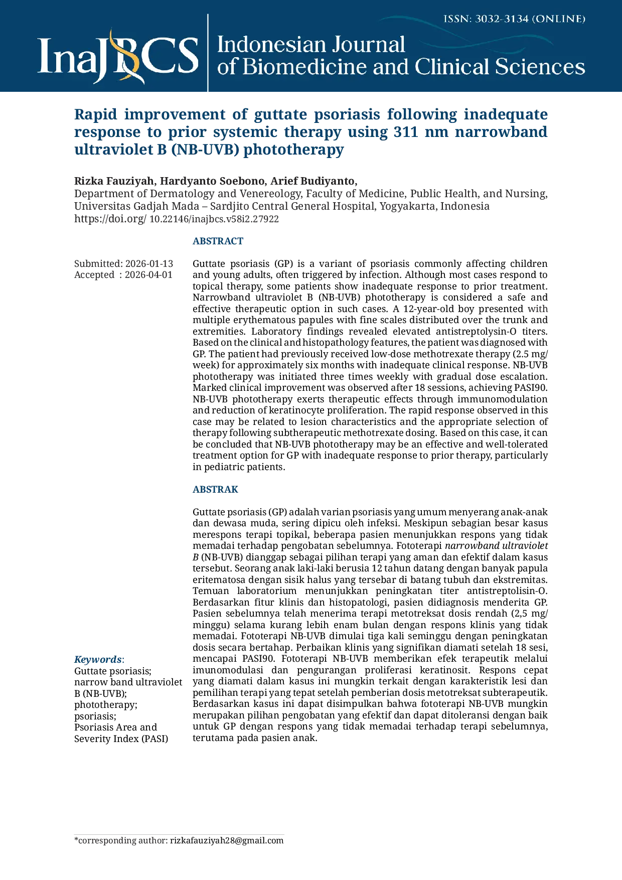 JURIS Rapid improvement of guttate psoriasis following inadequate response to prior systemic therapy using 311 nm narrowband ultraviolet B NB UVB phototherapy