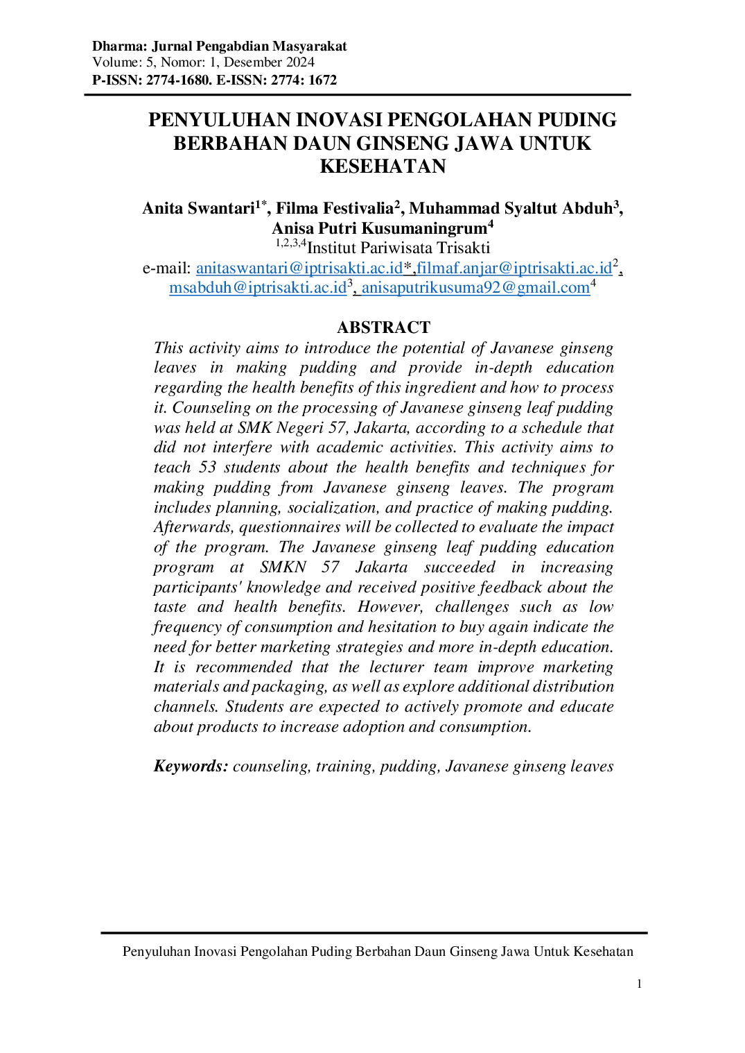 JURIS Penyuluhan Inovasi Pengolahan Puding Berbahan Daun Ginseng Jawa Untuk Kesehatan