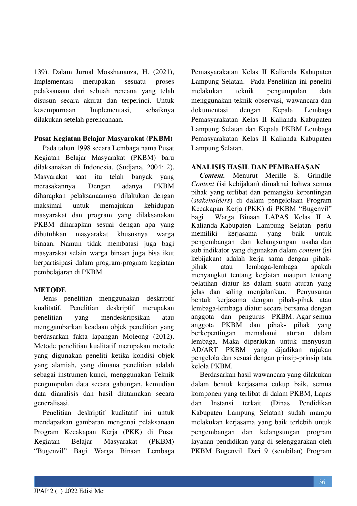 JURIS Implementasi Program Kecakapan Kerja PKK Di Pusat Kegiatan Belajar Masyarakat PKBM Bugenvil Bagi Warga Binaan Lembaga Pemasyarakatan Kelas II Kalianda Kabupaten Lampung Selatan