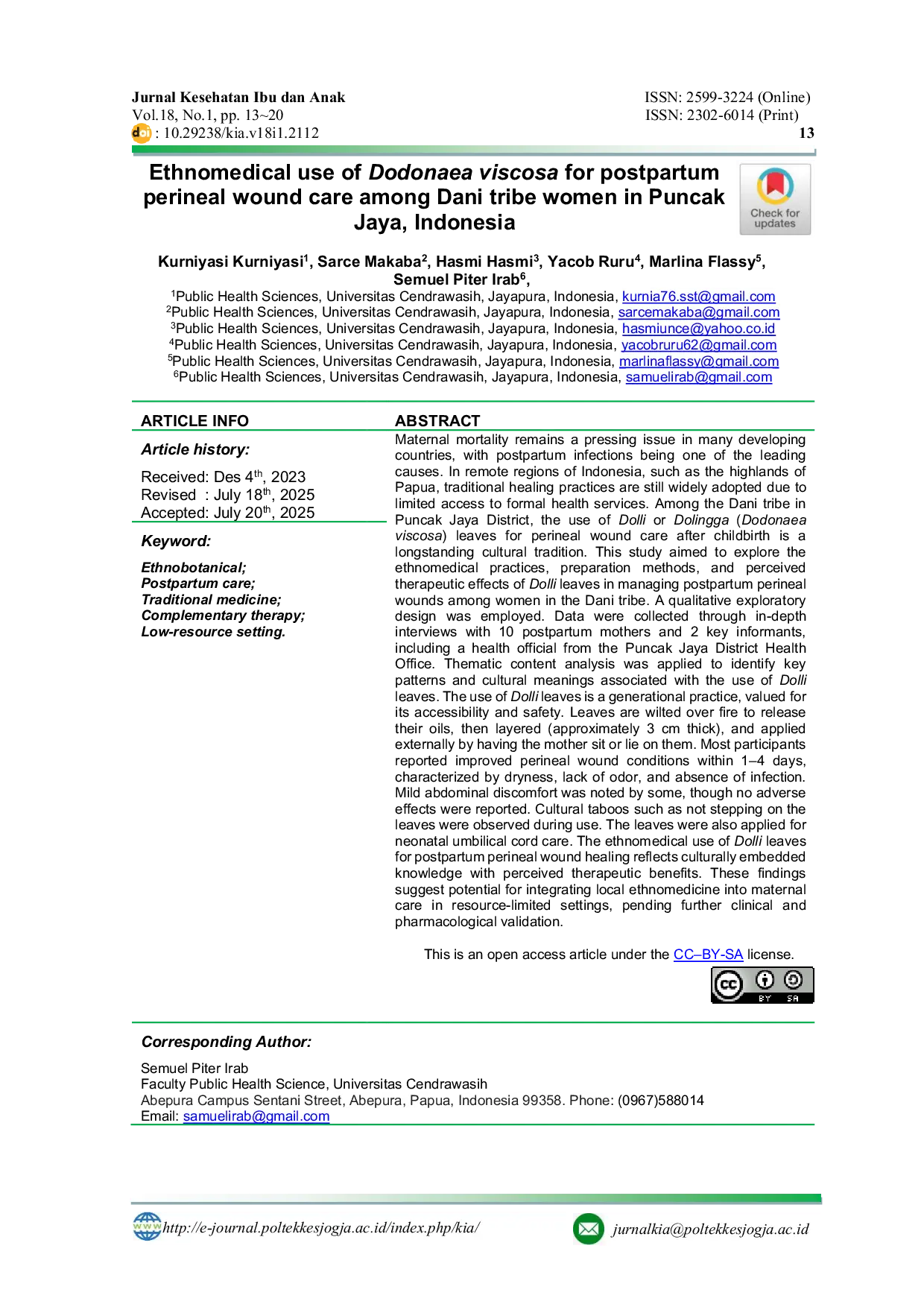JURIS Ethnomedical use of Dodonaea viscosa for postpartum perineal wound care among Dani tribe women in Puncak Jaya Indonesia