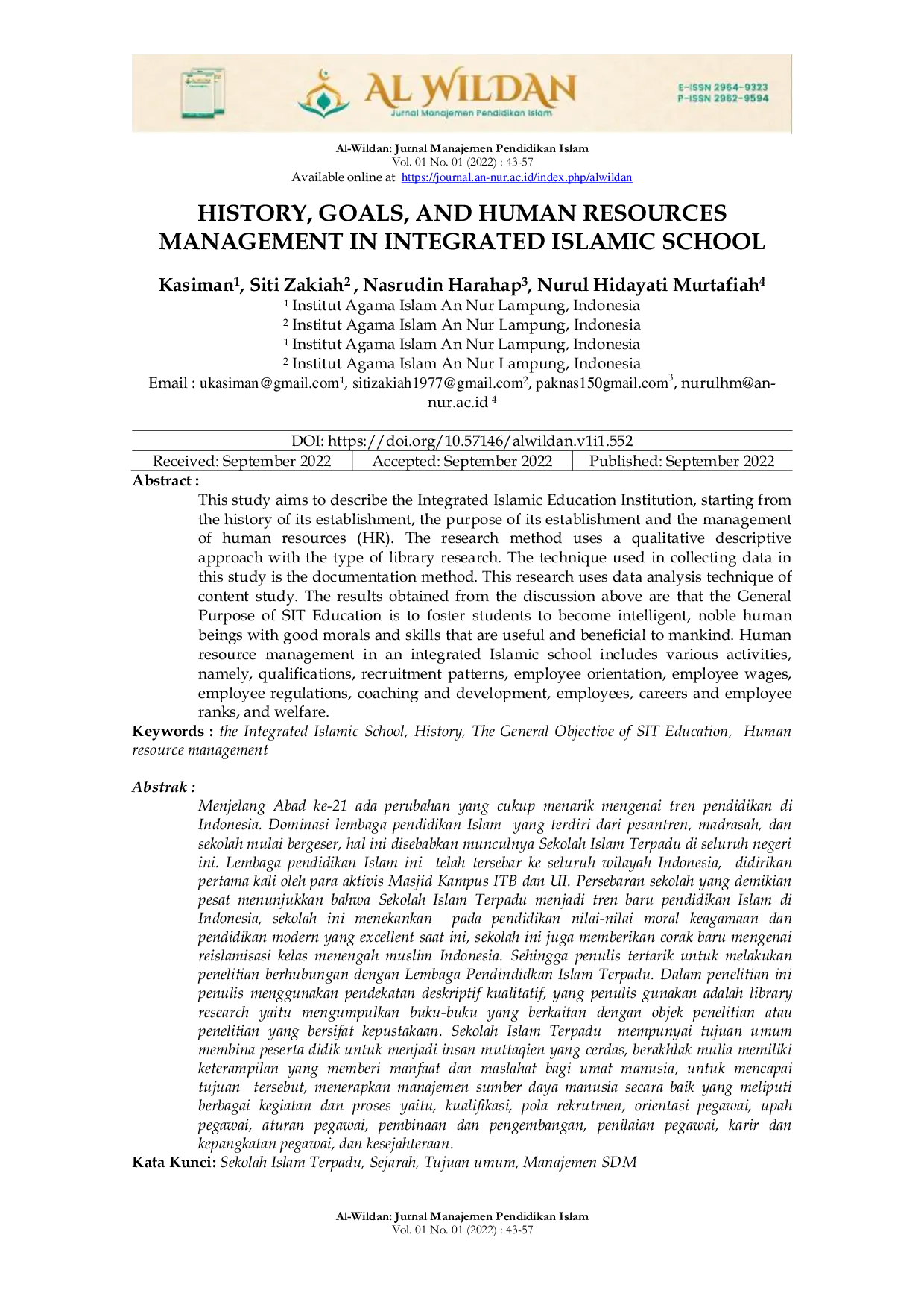 JURIS History Goals And Human Resources Management In Integrated Islamic School