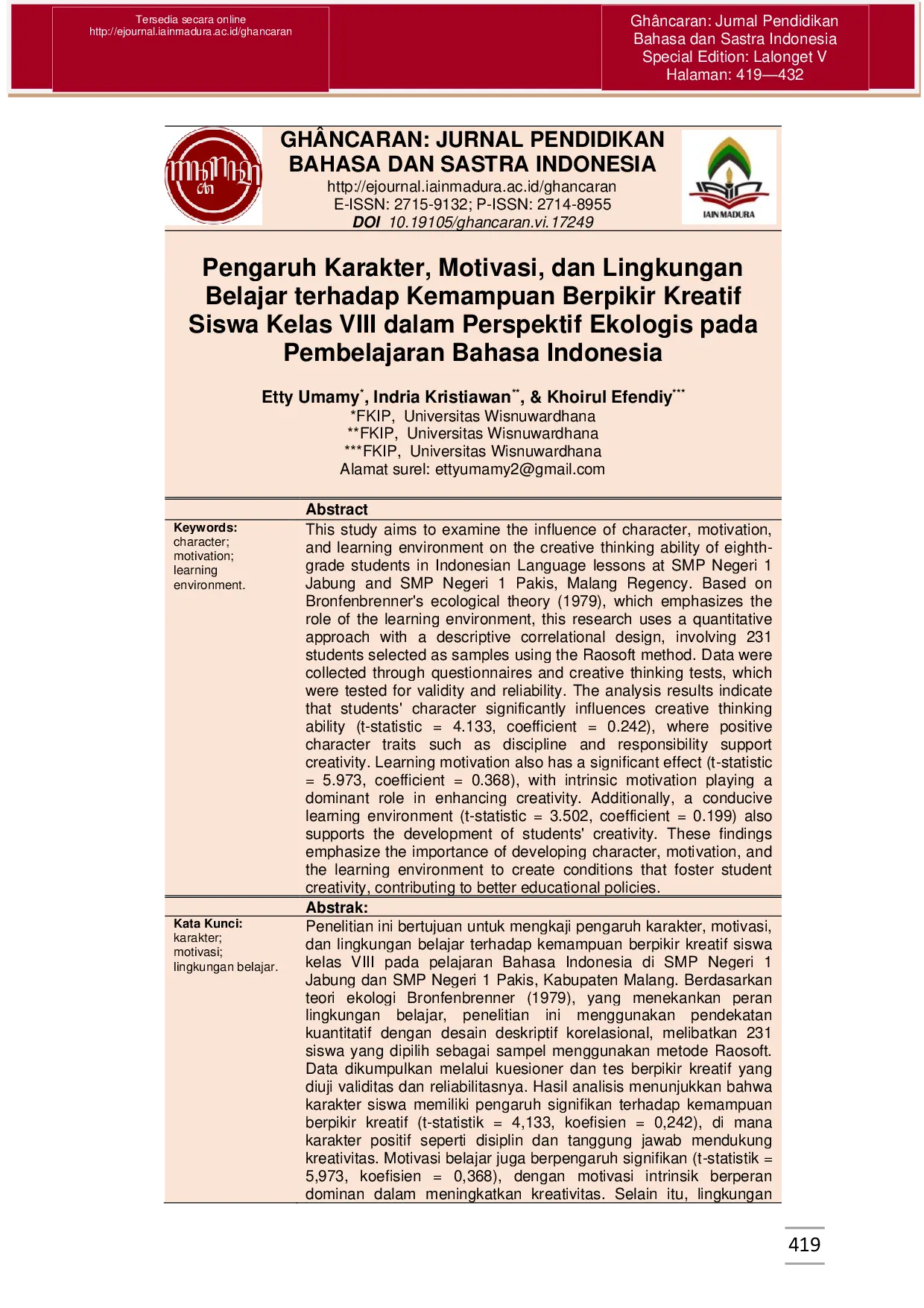 JURIS Pengaruh Karakter Motivasi dan Lingkungan Belajar terhadap Kemampuan Berpikir Kreatif Siswa Kelas VIII dalam Perspektif Ekologis pada Pembelajaran Bahasa Indonesia