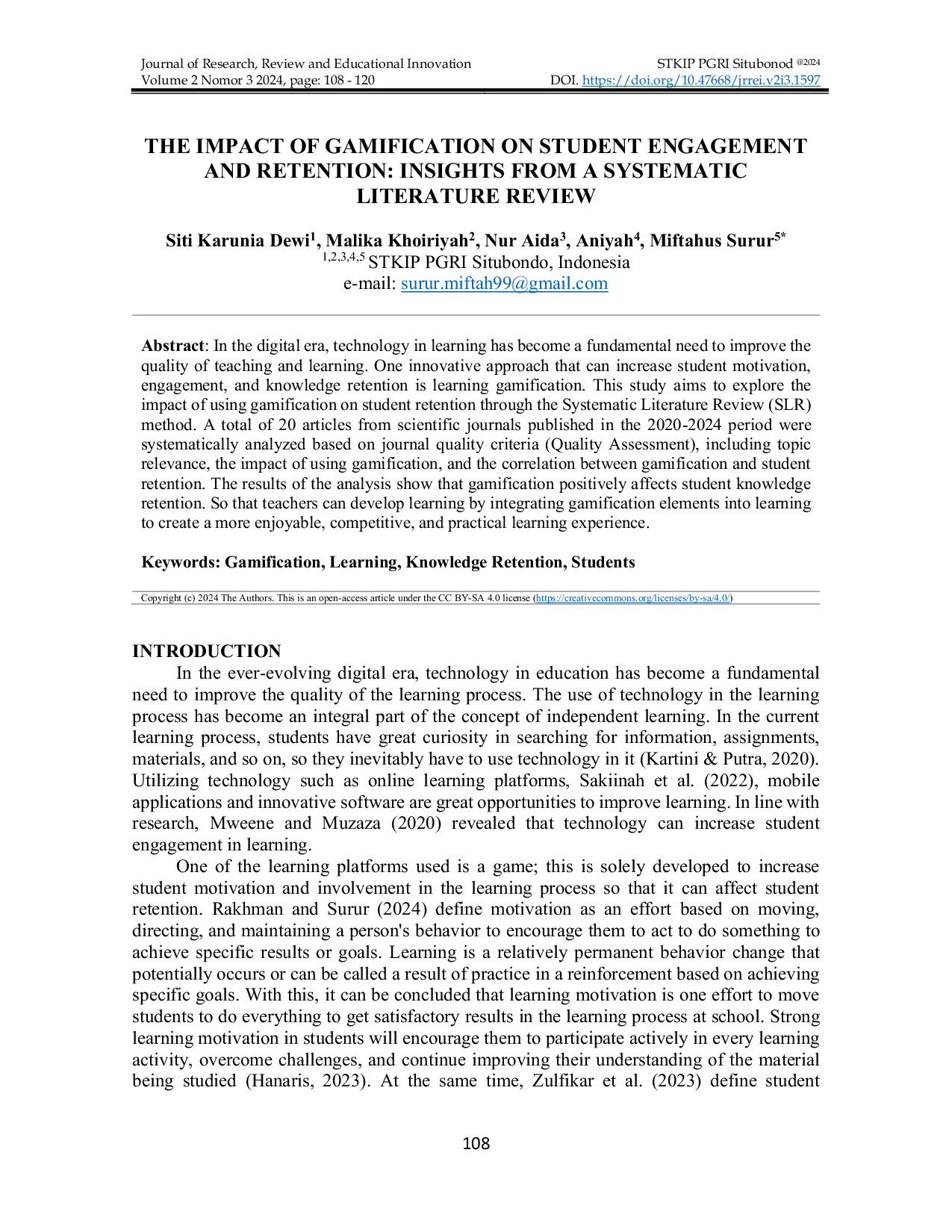 JURIS The Impact of Gamification on Student Engagement and Retention Insights from a Systematic Literature Review