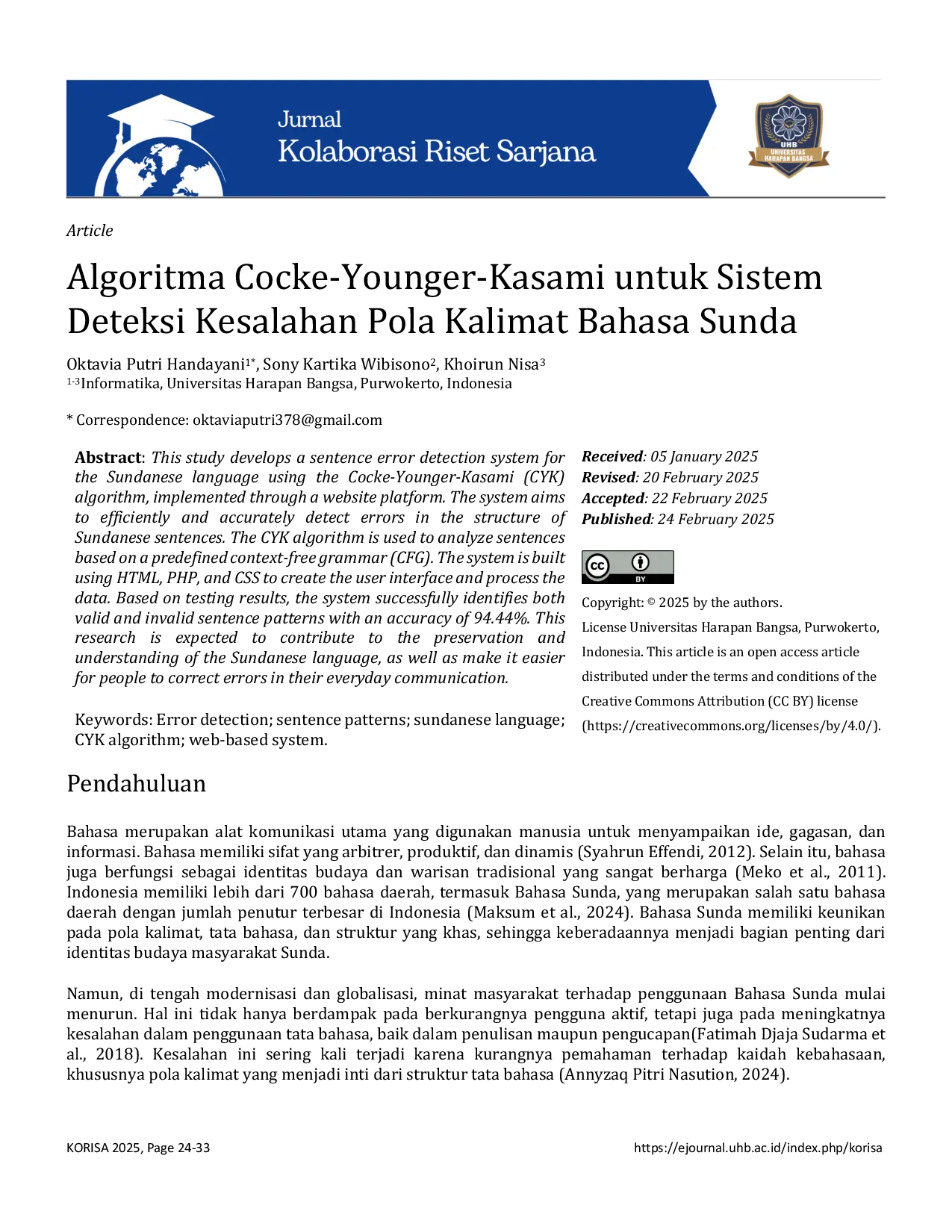 JURIS Algoritma Cocke Younger Kasami untuk Sistem Deteksi Kesalahan Pola Kalimat Bahasa Sunda