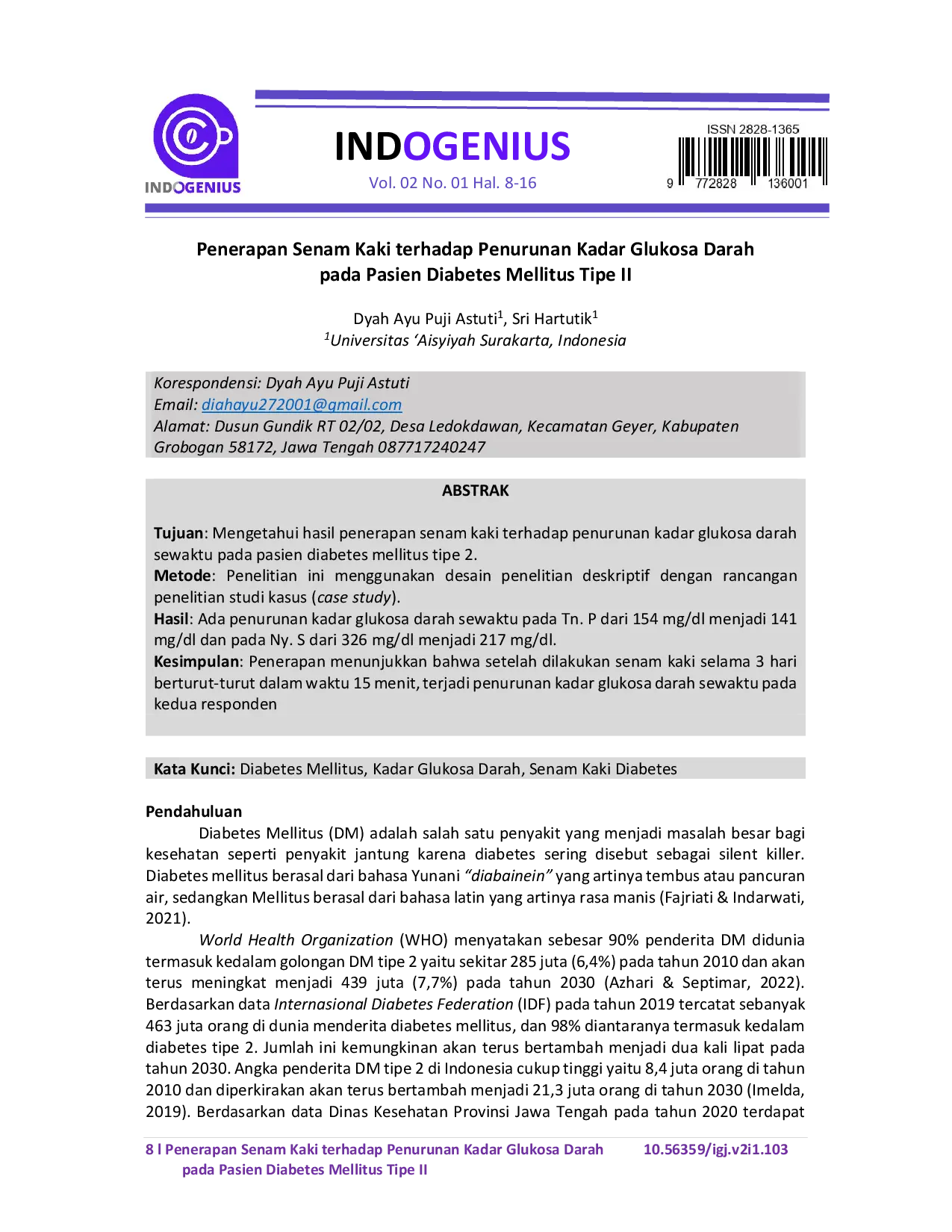 JURIS Penerapan Senam Kaki terhadap Penurunan Kadar Glukosa Darah pada Pasien Diabetes Mellitus Tipe II