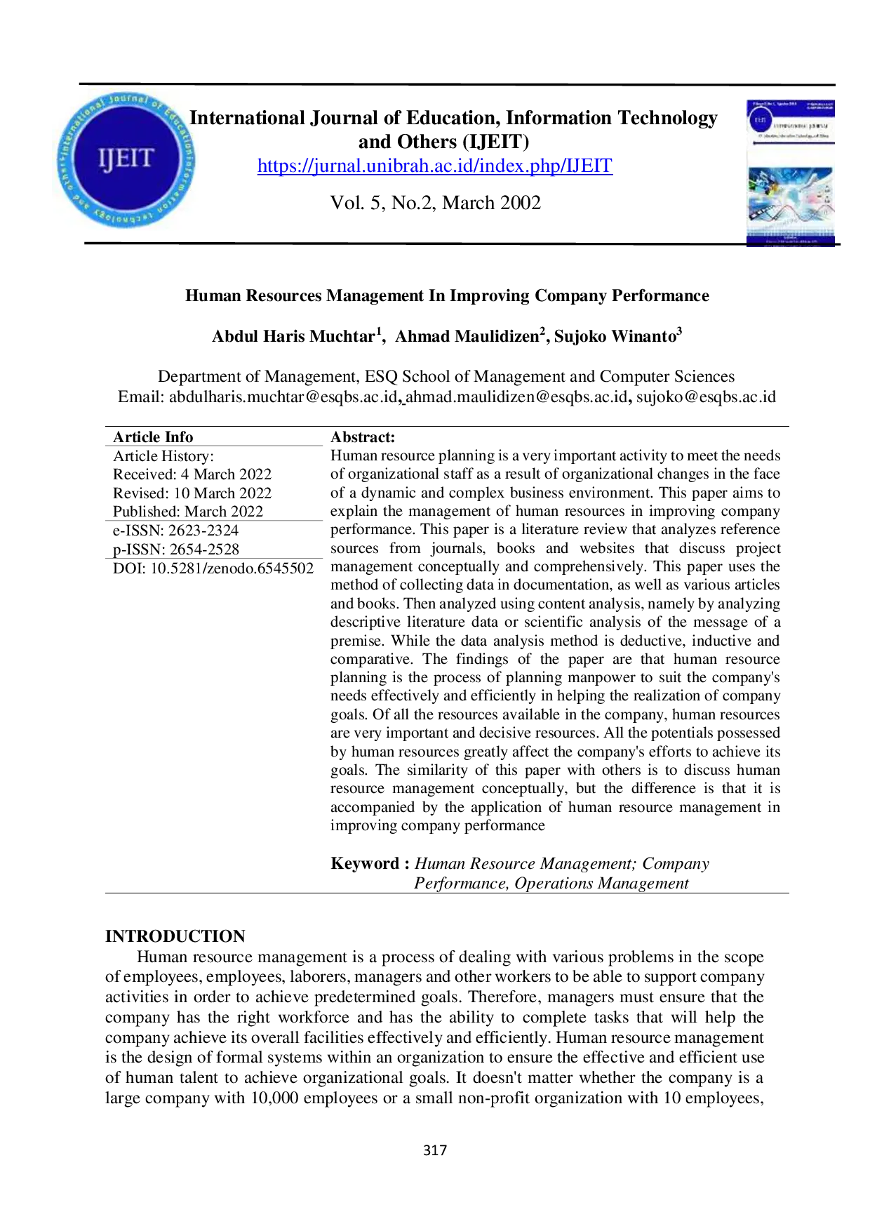 JURIS Human Resources Management In Improving Company Performance