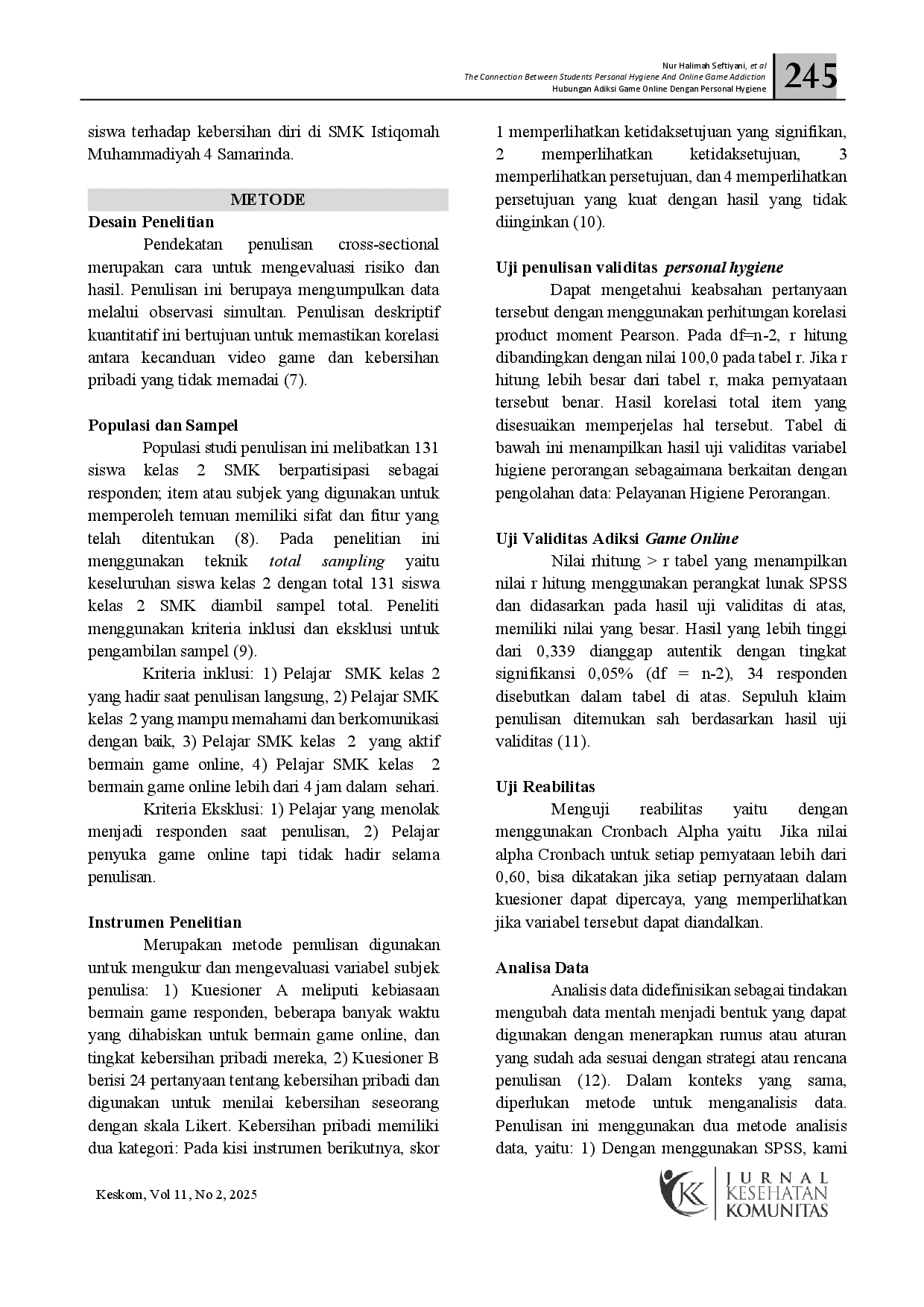 juris Hubungan Adiksi Game Online Dengan Personal Hygiene Pelajar SMK Istiqomah Muhammadiyah 4 di Samarinda