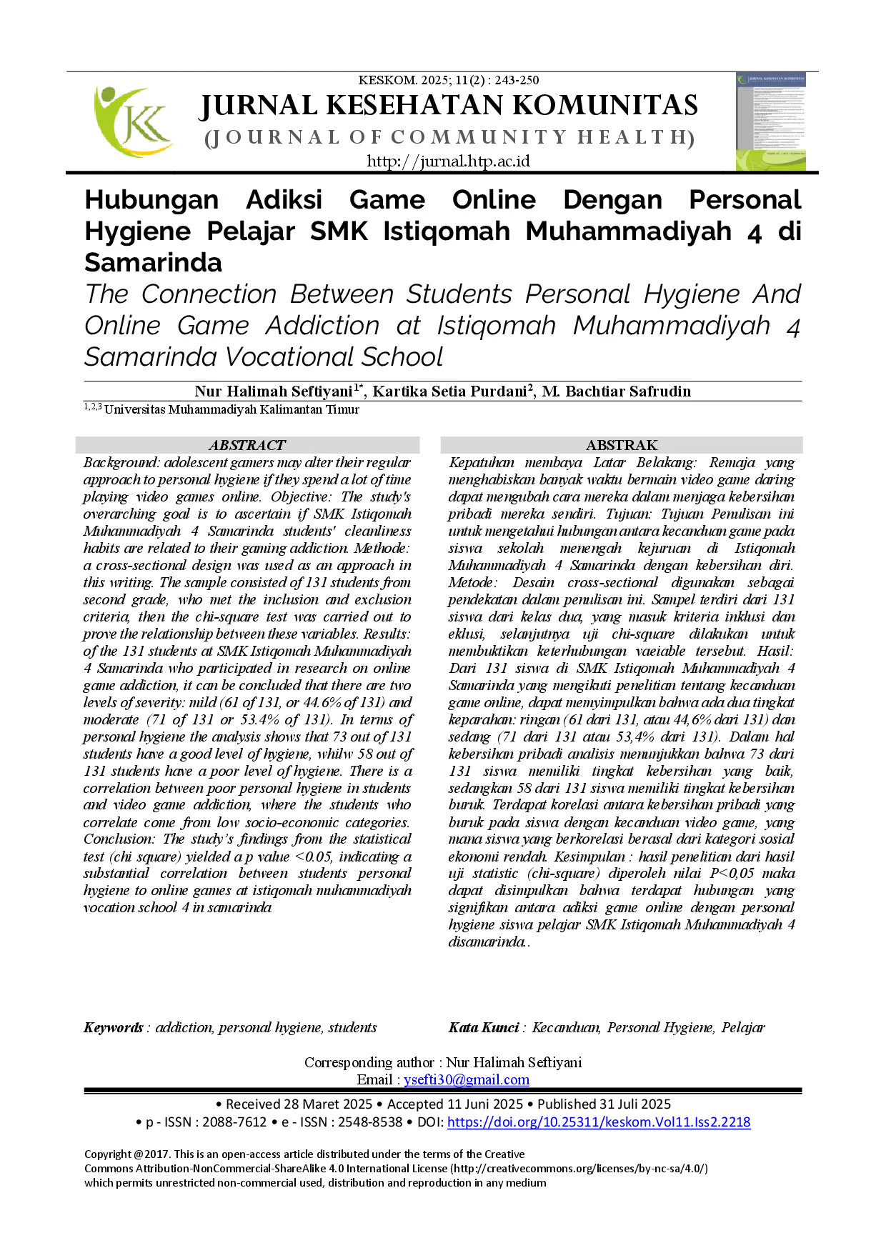 juris Hubungan Adiksi Game Online Dengan Personal Hygiene Pelajar SMK Istiqomah Muhammadiyah 4 di Samarinda