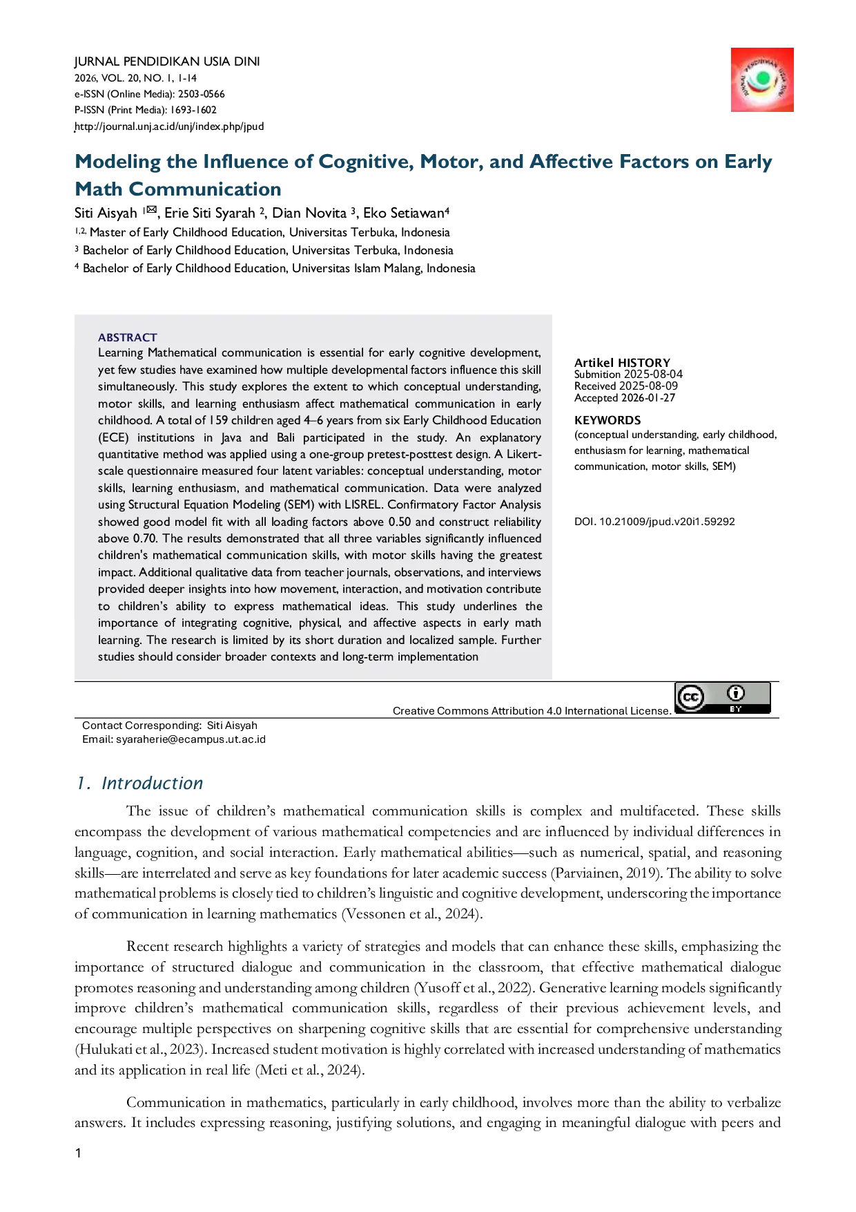 JURIS Modeling the Influence of Cognitive Motor and Affective Factors on Early Math Communication