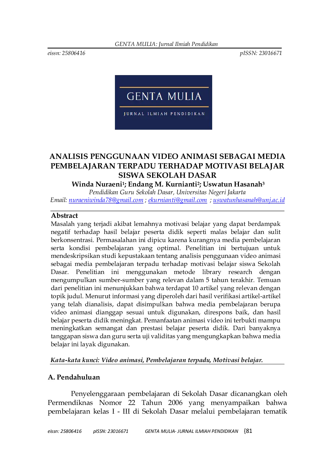 JURIS Analisis Penggunaan Video Animasi Sebagai Media Pembelajaran Terpadu Terhadap Motivasi Belajar Siswa Sekolah Dasar