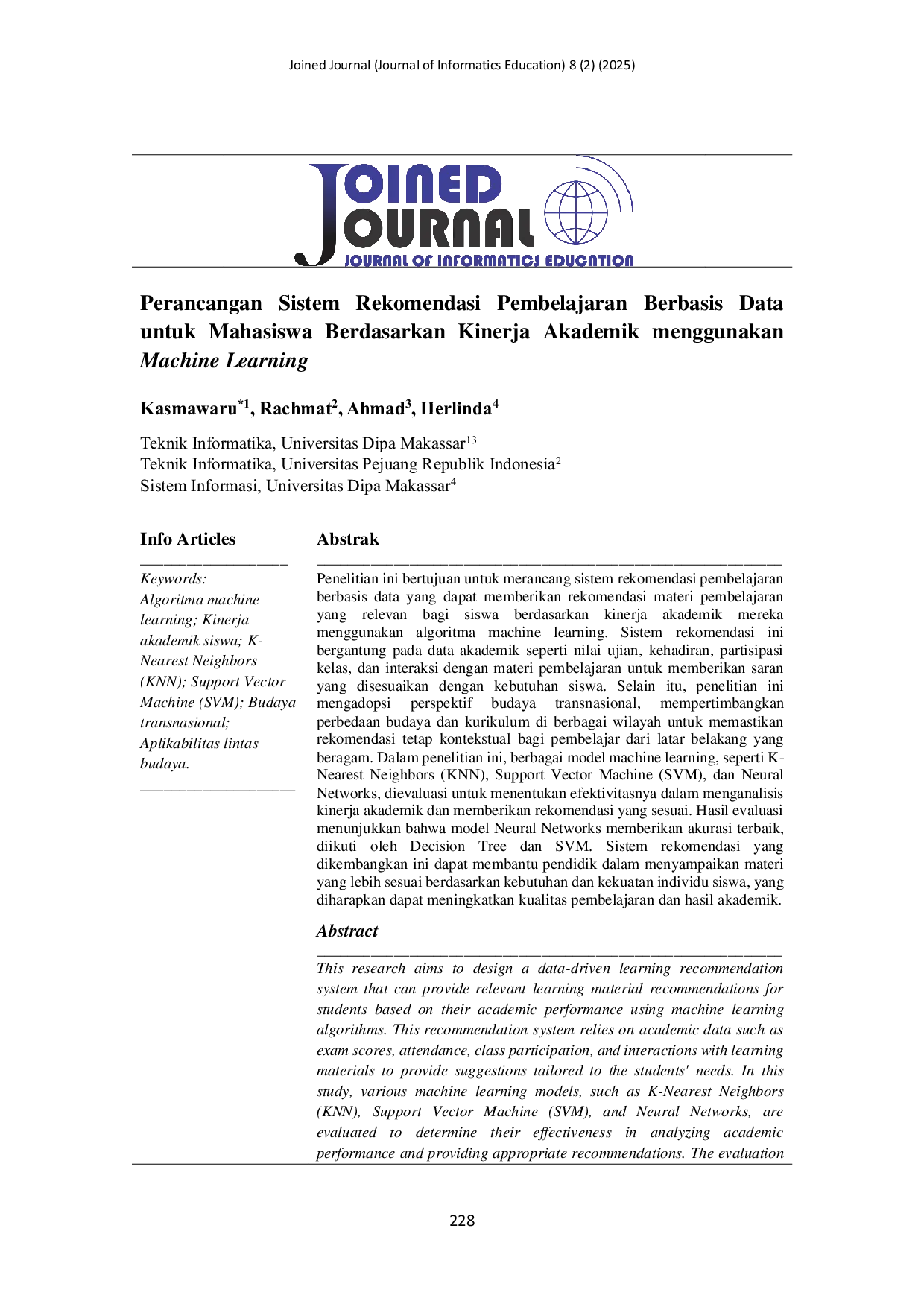 JURIS Perancangan Sistem Rekomendasi Pembelajaran Berbasis Data untuk Mahasiswa Berdasarkan Kinerja Akademik menggunakan Machine Learning