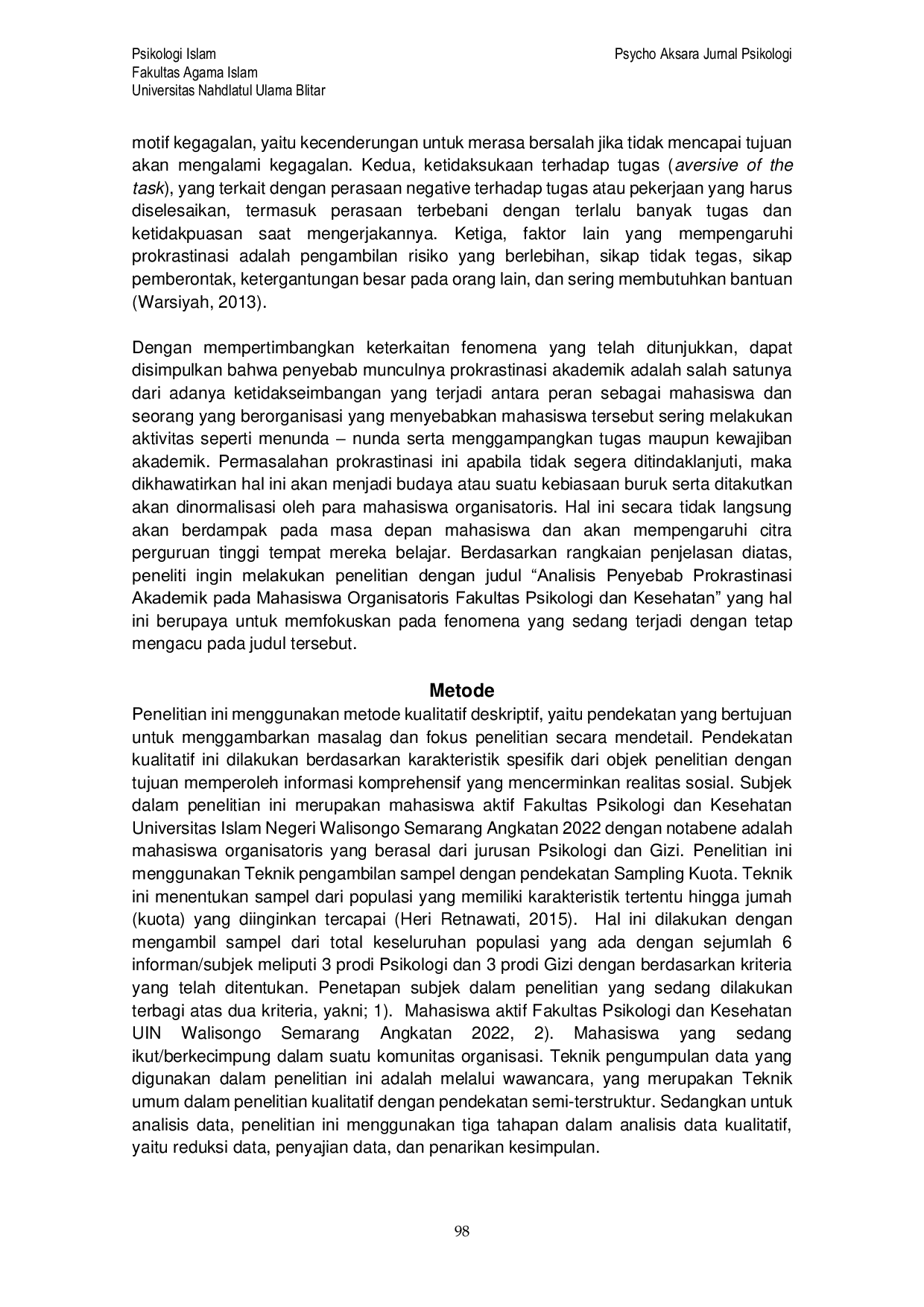 JURIS Analisis Penyebab Prokrastinasi Akademik pada Mahasiswa Organisatoris Fakultas Psikologi dan Kesehatan