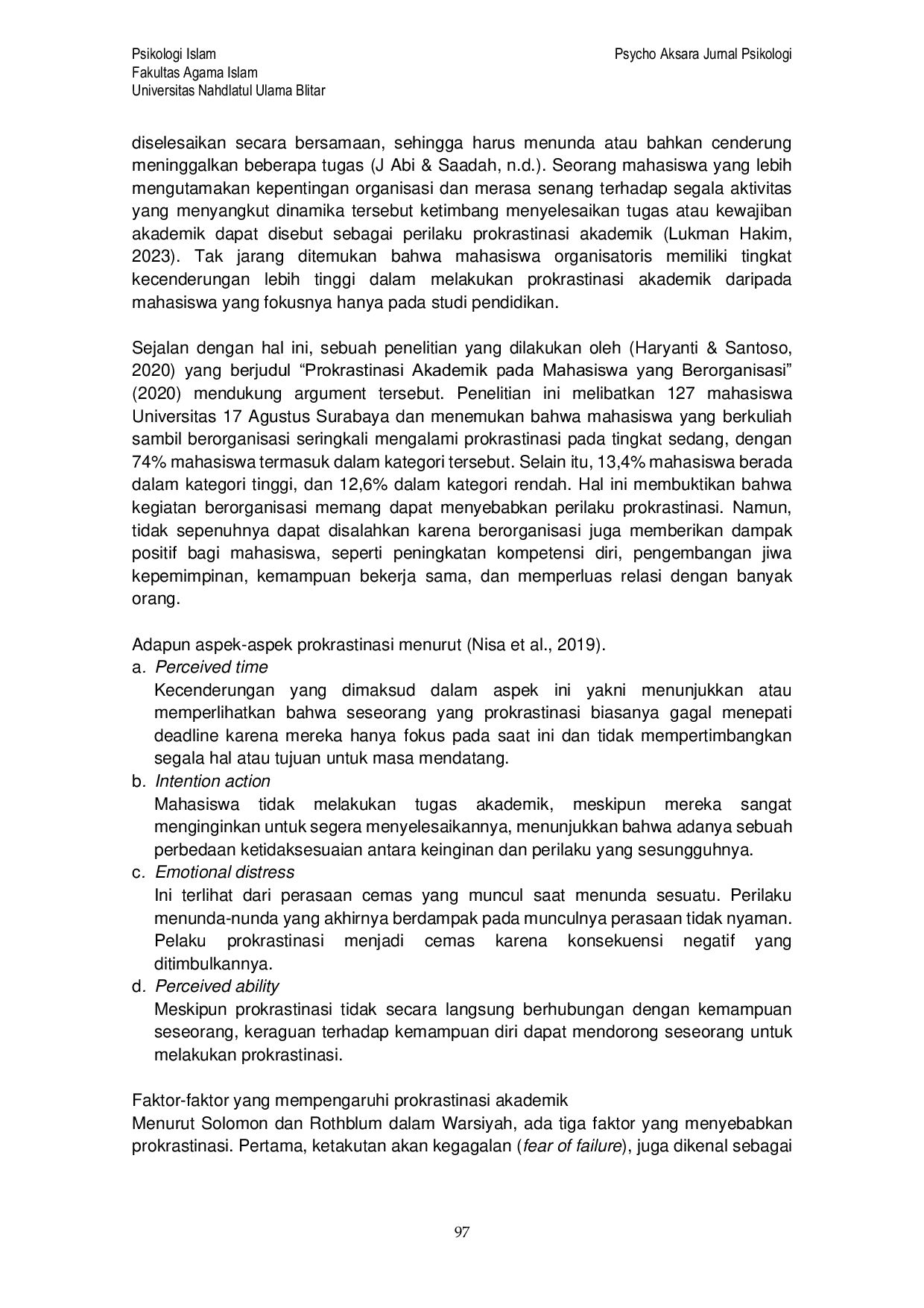 JURIS Analisis Penyebab Prokrastinasi Akademik pada Mahasiswa Organisatoris Fakultas Psikologi dan Kesehatan