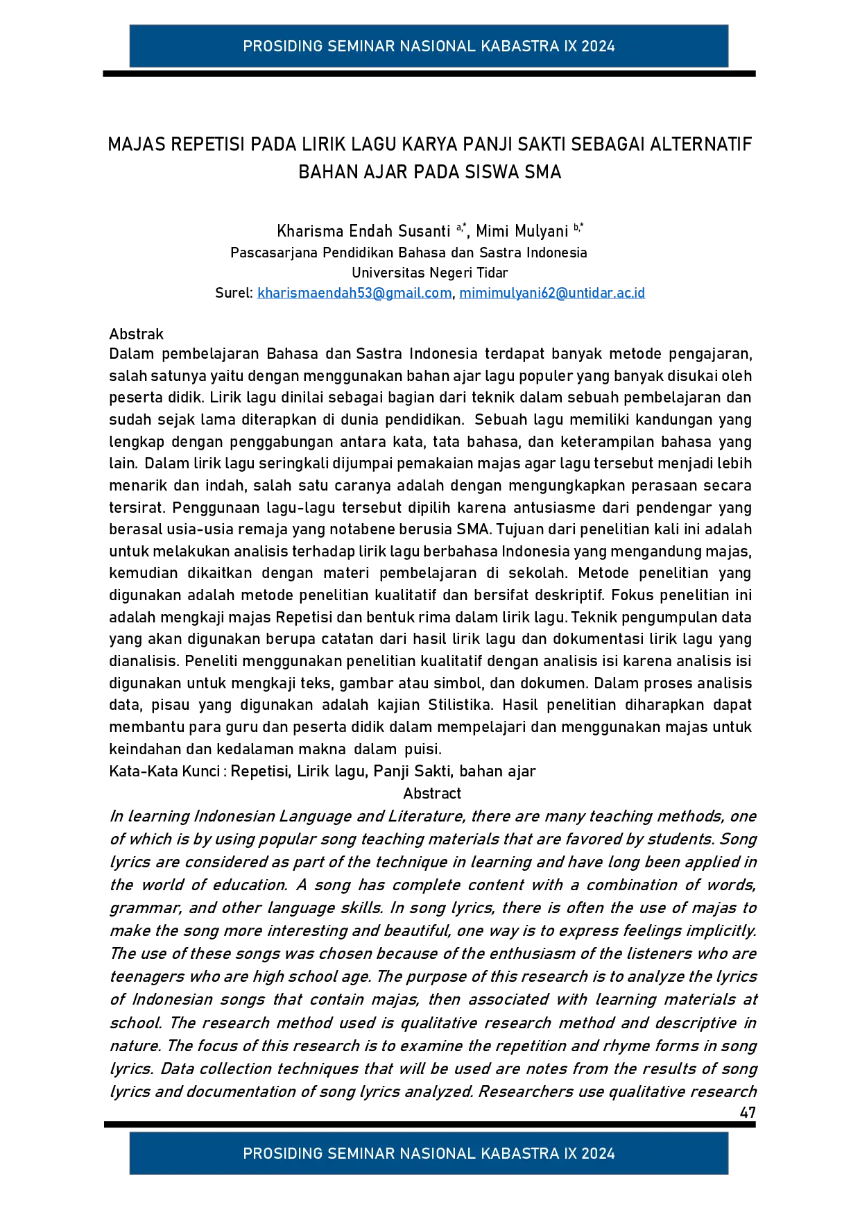 juris Majas Repetisi pada Lirik Lagu Karya Panji Sakti Sebagai Alternatif Bahan Ajar pada Siswa SMA