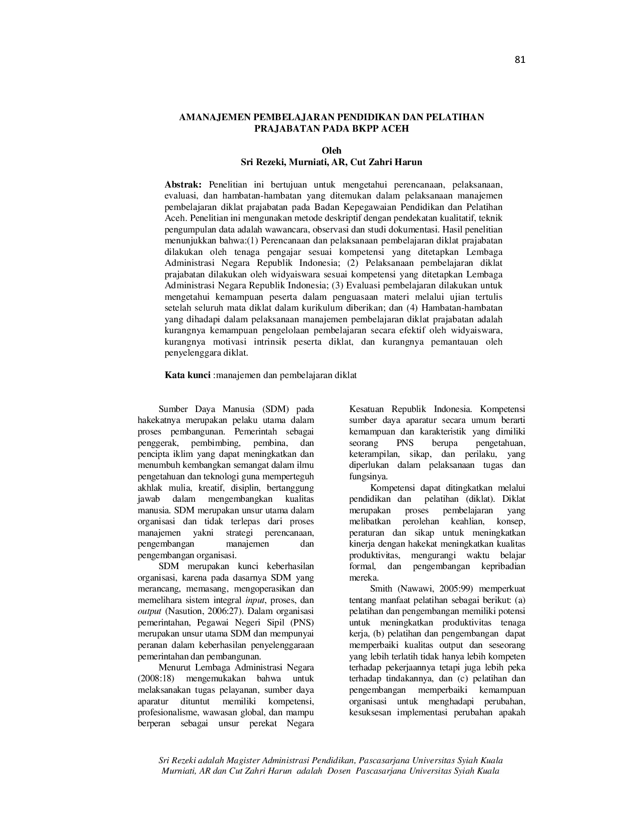 JURIS Manajemen Pembelajaran Pendidikan Dan Pelatihan Prajabatan Pada Bkpp Aceh