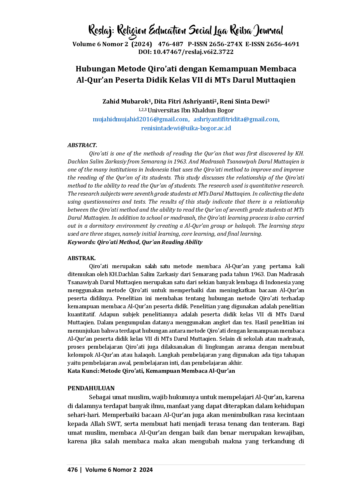 juris Hubungan Metode Qiro ati dengan Kemampuan Membaca Al Qur an Peserta Didik Kelas VII di MTs Darul Muttaqien
