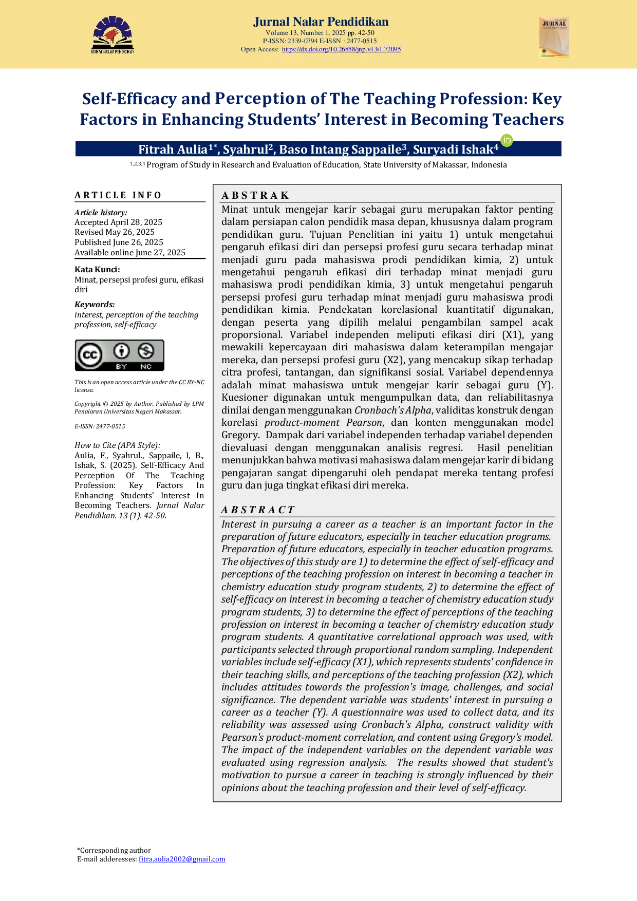 JURIS Self Efficacy And Perception Of The Teaching Profession Key Factors In Enhancing Students Interest In Becoming Teachers