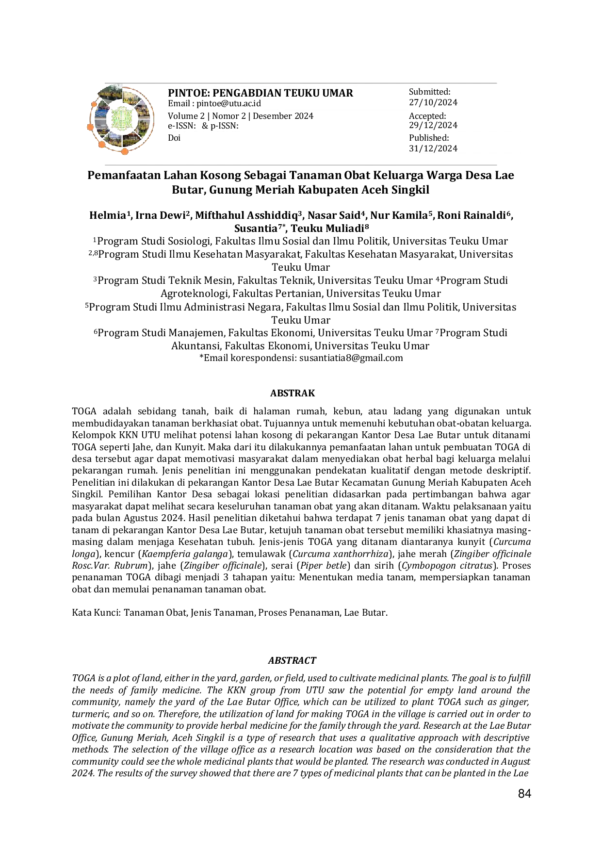 JURIS Pemanfaatan Lahan Kosong Sebagai Tanaman Obat Keluarga Warga Desa Lae Butar Gunung Meriah Kabupaten Aceh Singkil