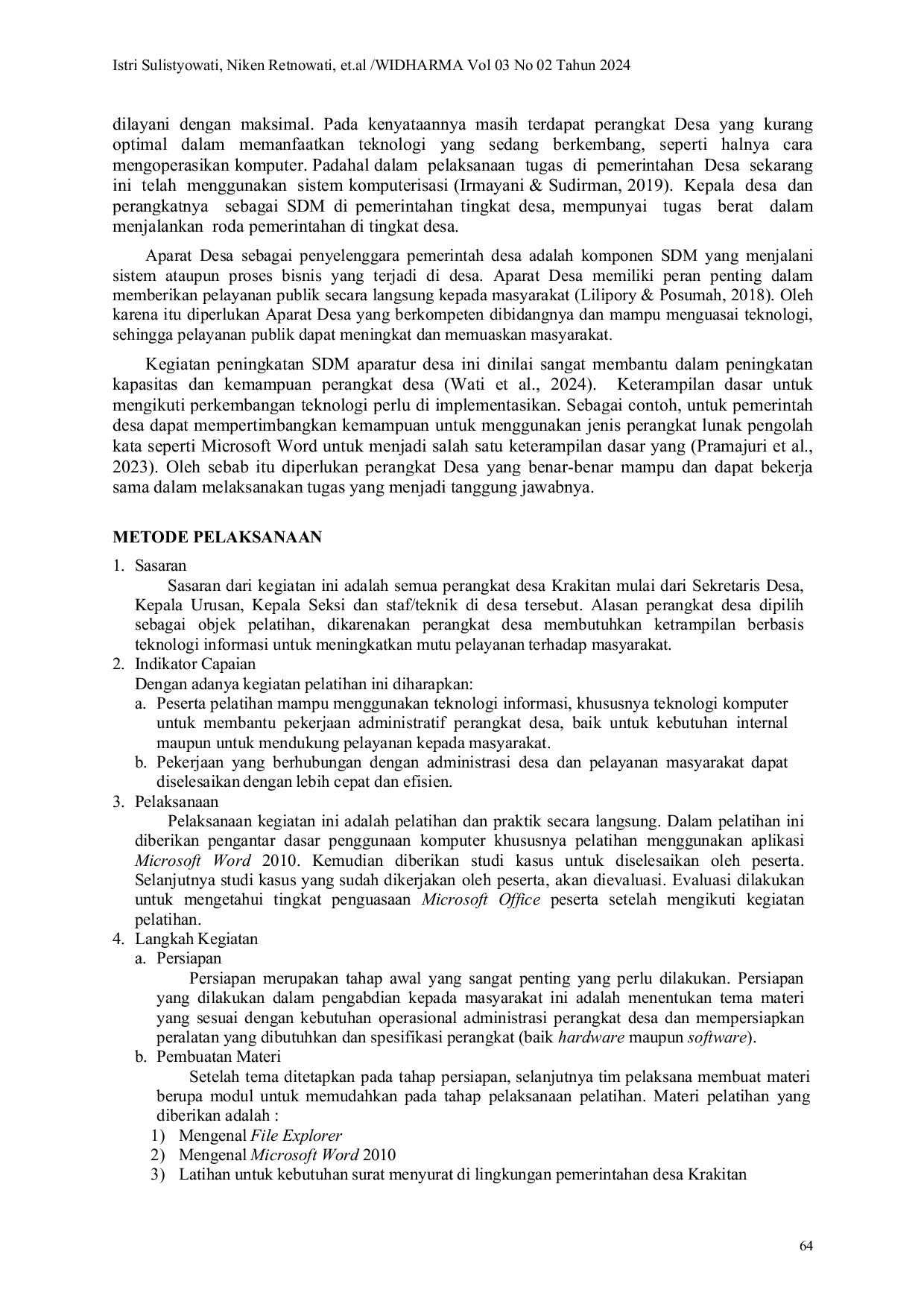 JURIS Pelatihan Pemanfaatan Teknologi Informasi Menggunakan Microsoft Office Word Bagi Perangkat Desa Krakitan Bayat Klaten