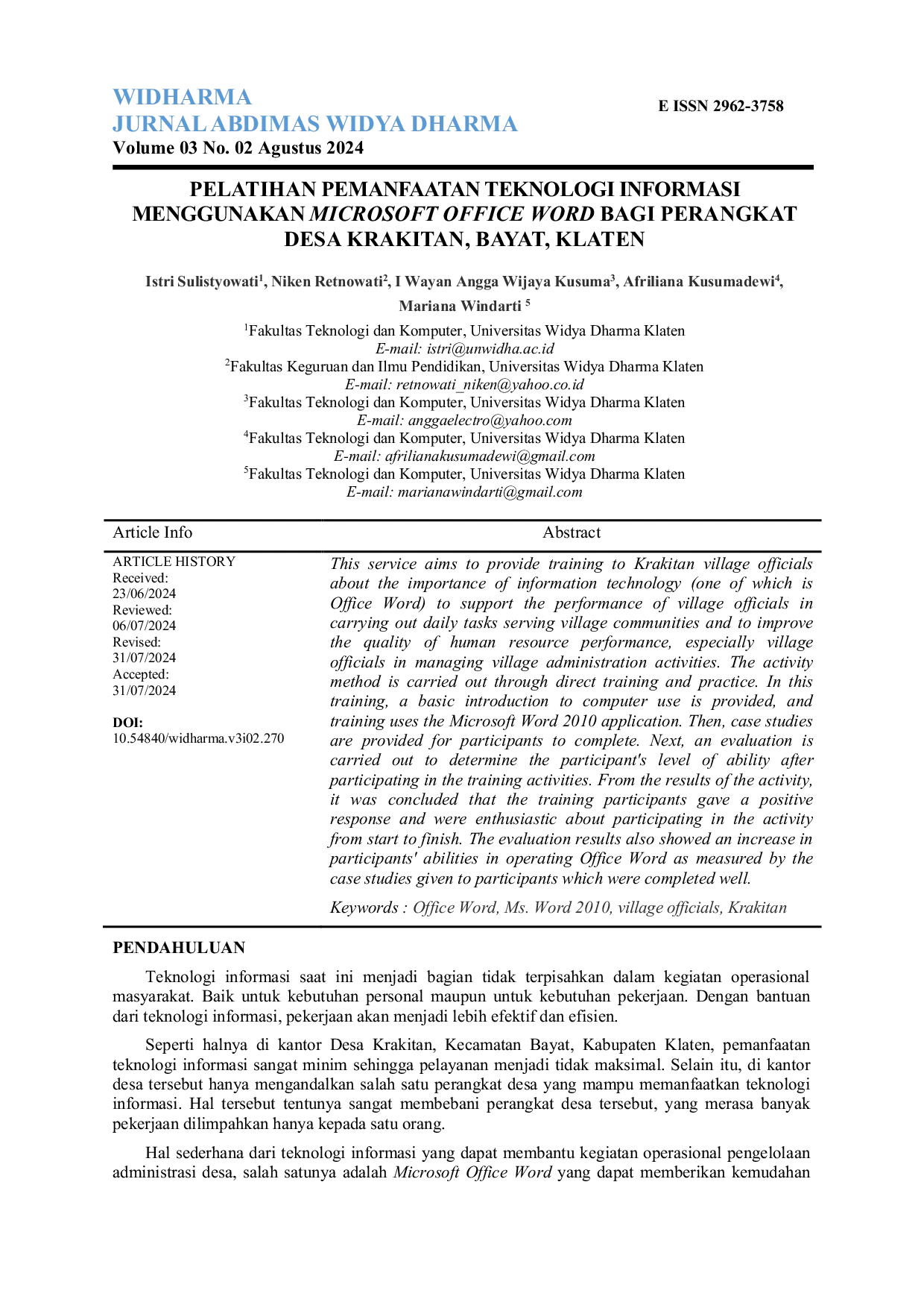 JURIS Pelatihan Pemanfaatan Teknologi Informasi Menggunakan Microsoft Office Word Bagi Perangkat Desa Krakitan Bayat Klaten