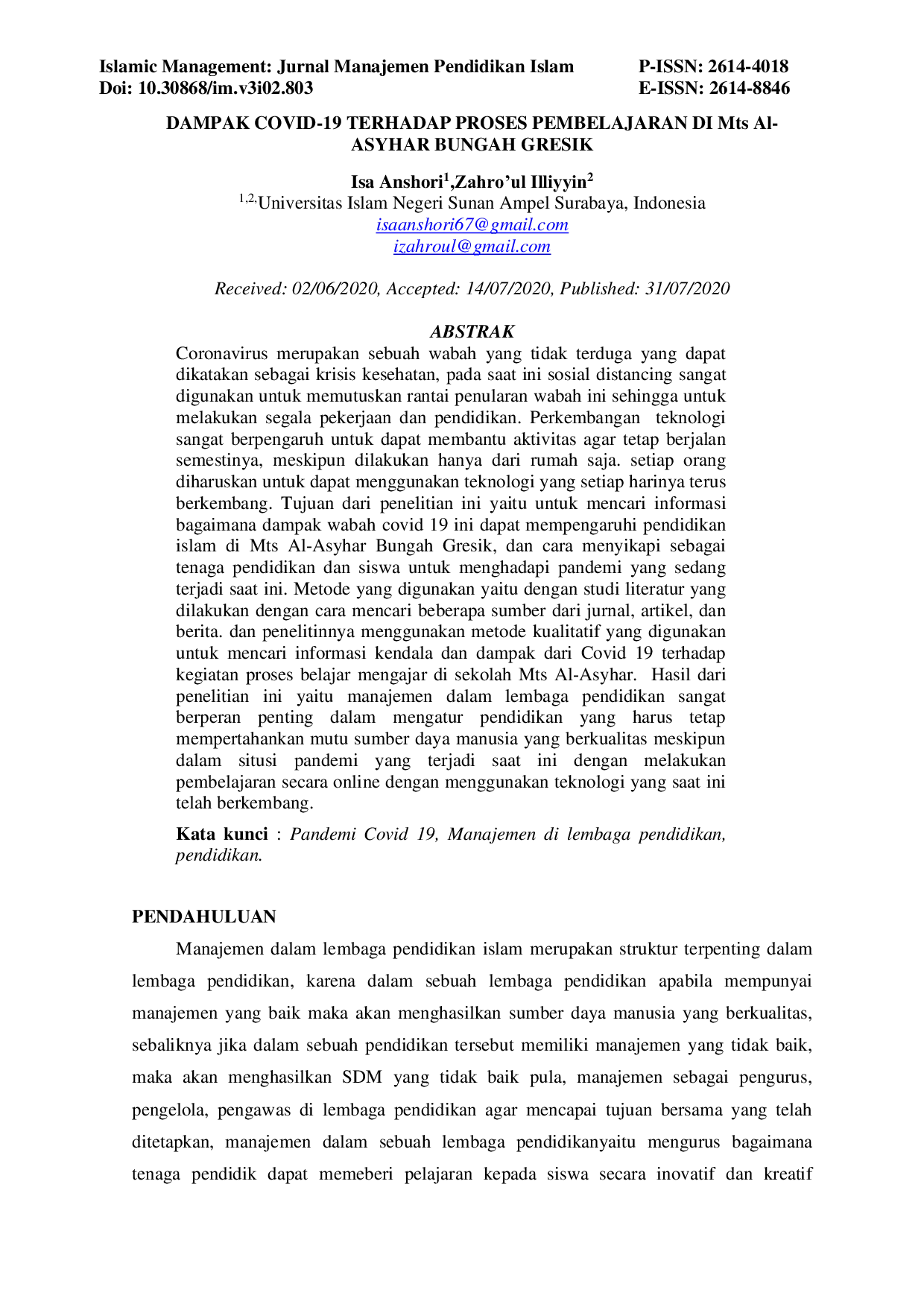 JURIS DAMPAK COVID 19 TERHADAP PROSES PEMBELAJARAN DI Mts Al ASYHAR BUNGAH GRESIK