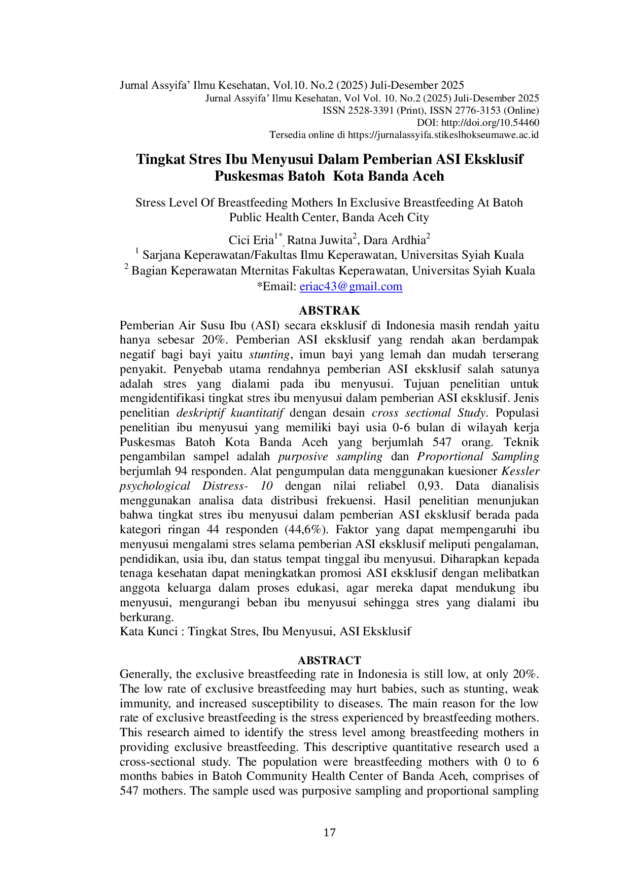 JURIS Tingkat Stres Ibu Menyusui Dalam Memberikan Asi Eklusif Di Puskesmas Batoh Kota Banda Aceh
