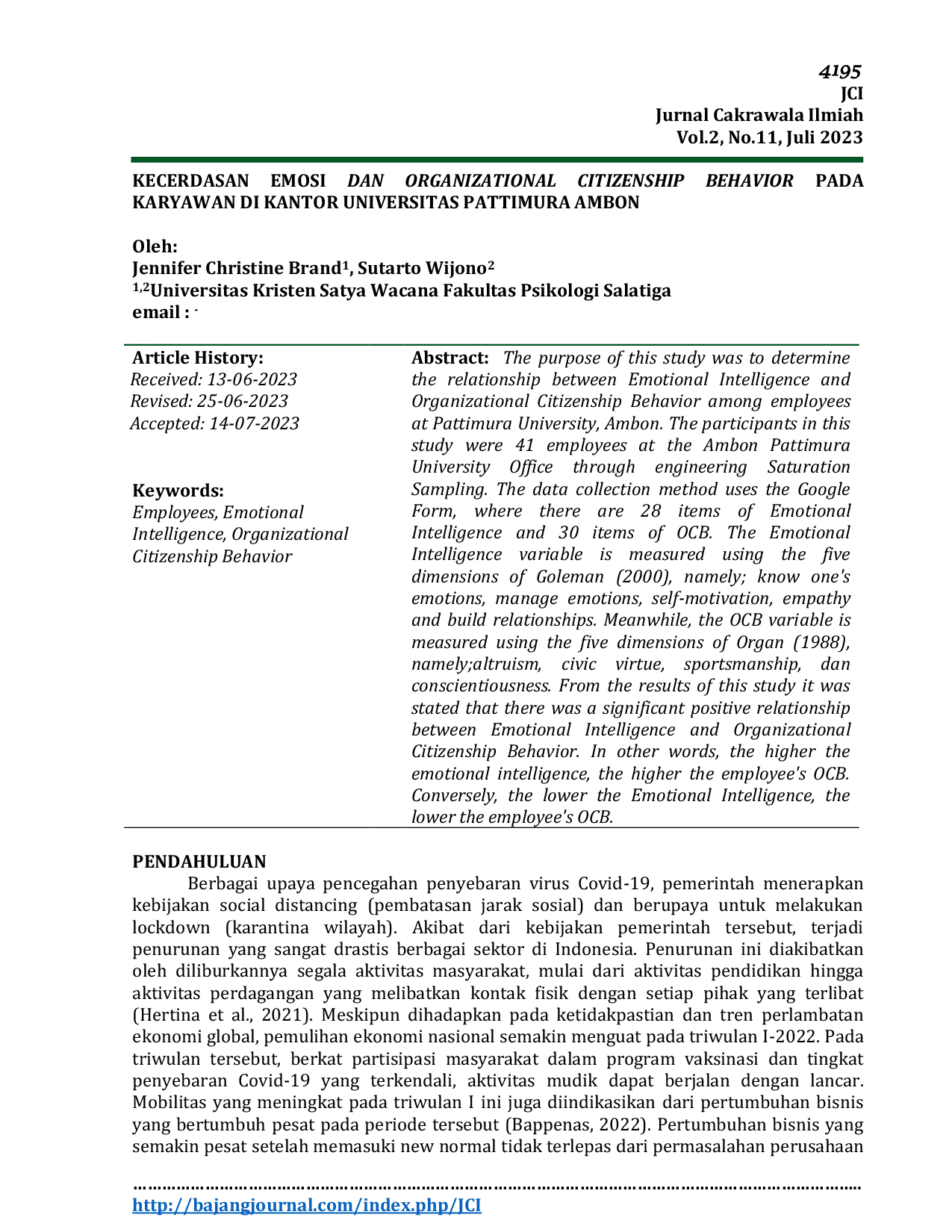 JURIS Kecerdasan Emosi dan Organizational Citizenship Behavior pada Karyawan di Kantor Universitas Pattimura Ambon