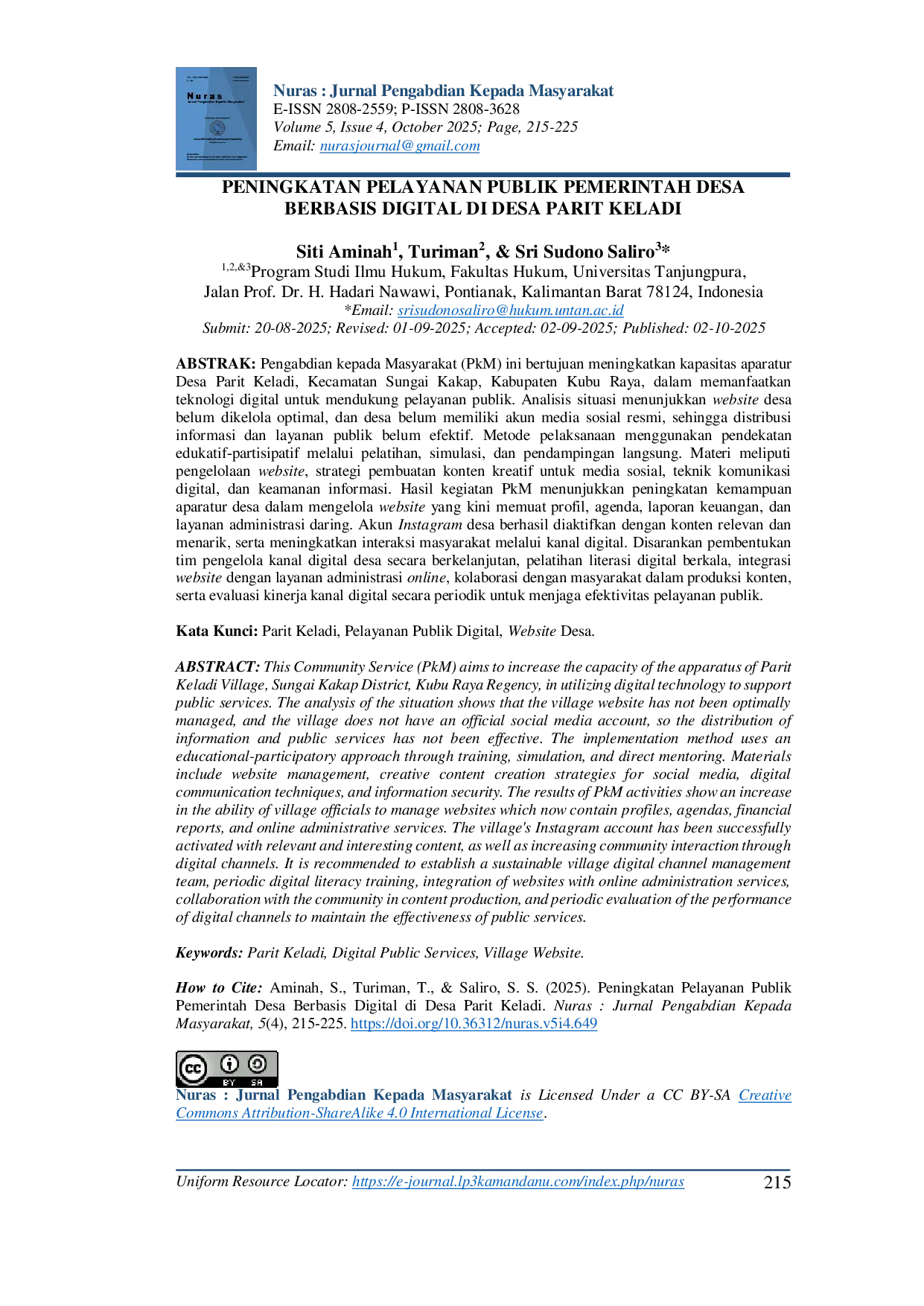 JURIS Peningkatan Pelayanan Publik Pemerintah Desa Berbasis Digital di Desa Parit Keladi