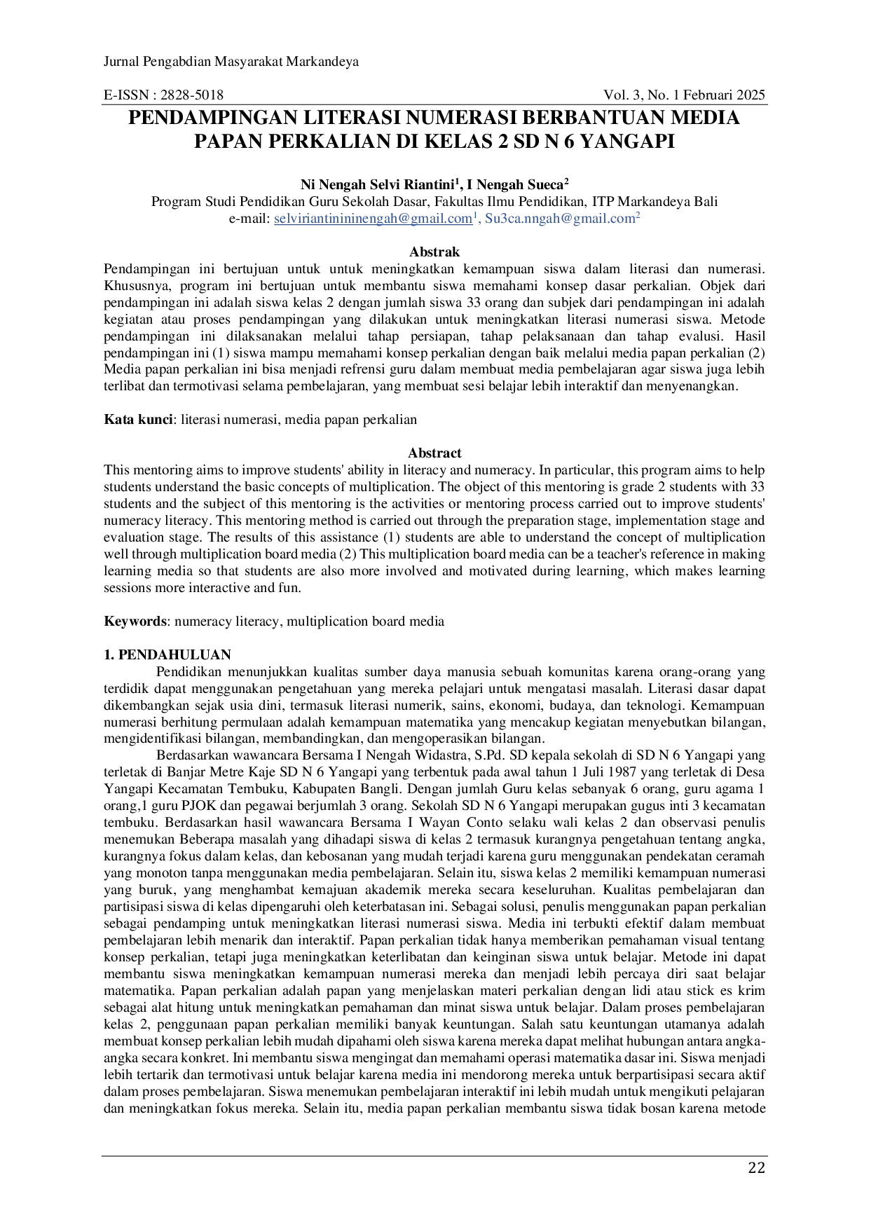 JURIS Pendampingan Literasi Numerasi Berbantuan Media Papan Perkalian Di Kelas 2 Sd N 6 Yangapi