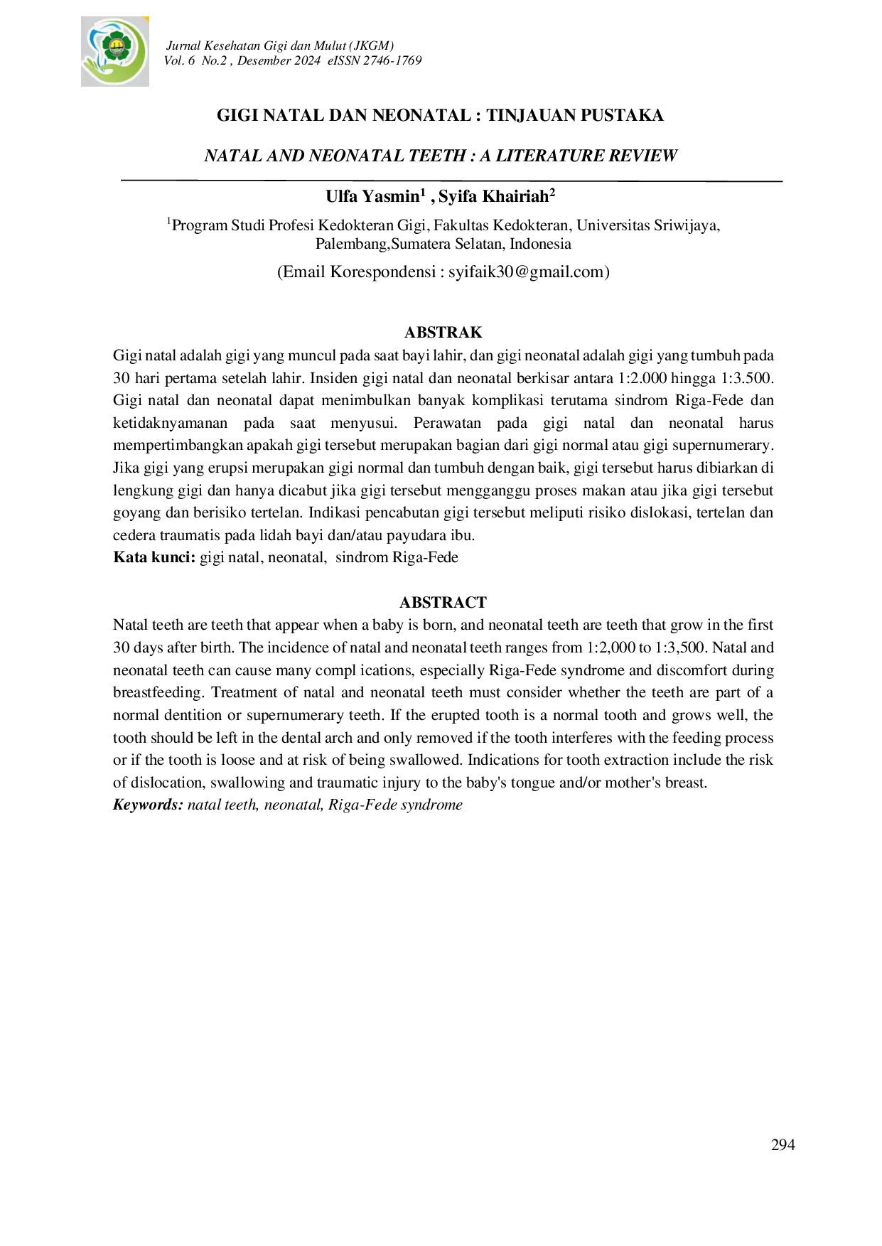 JURIS Gigi Natal Dan Neonatal Tinjauan Pustaka
