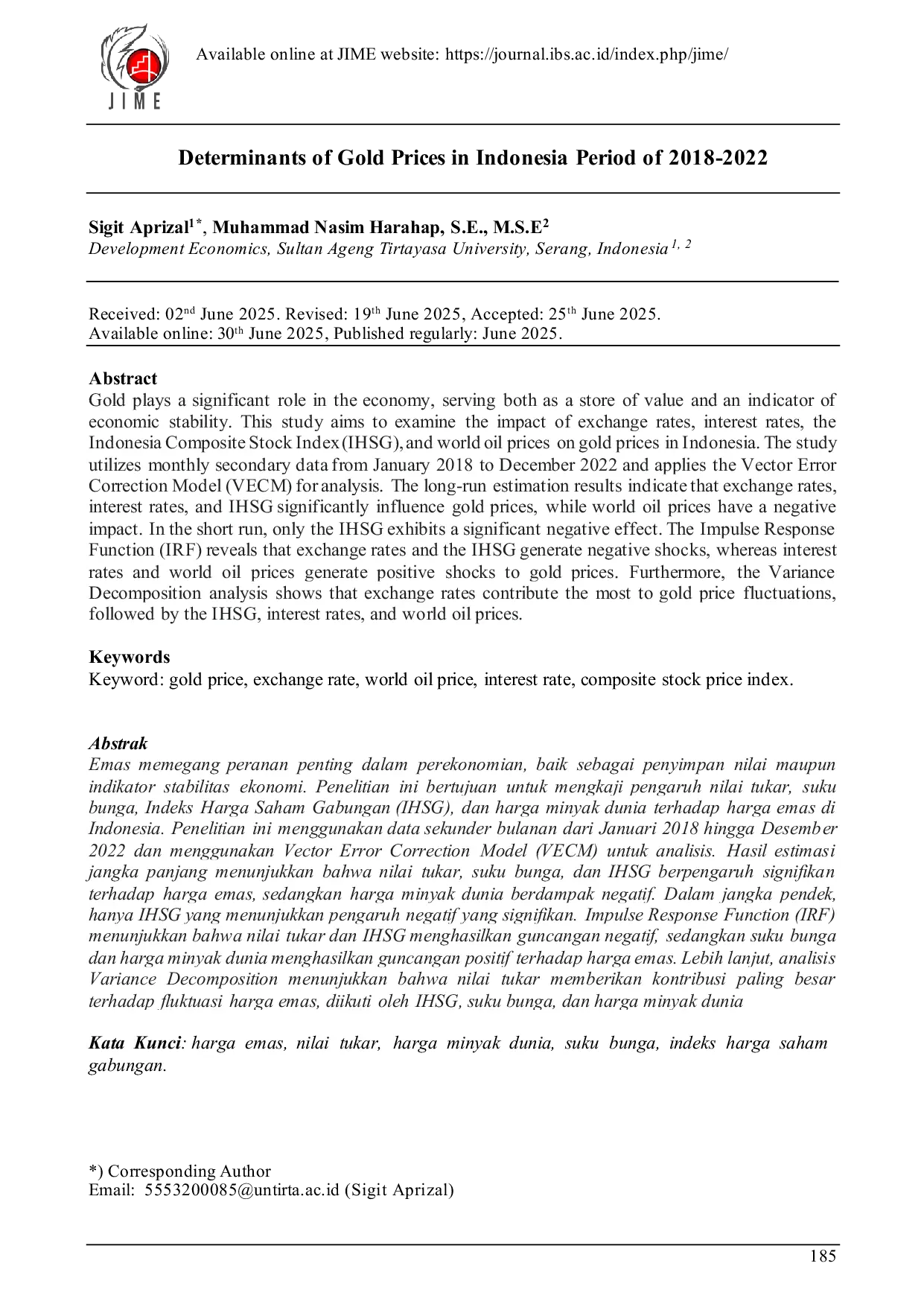 JURIS Determinants of Gold Prices in Indonesia Period of 2018 2022