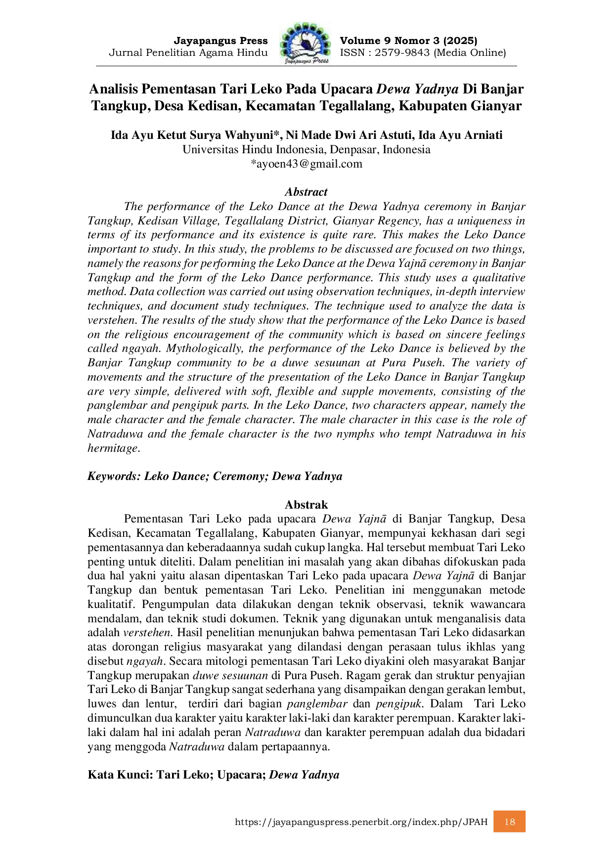 JURIS Analisis Pementasan Tari Leko Pada Upacara Dewa Yadnya Di Banjar Tangkup Desa Kedisan Kecamatan Tegallalang Kabupaten Gianyar