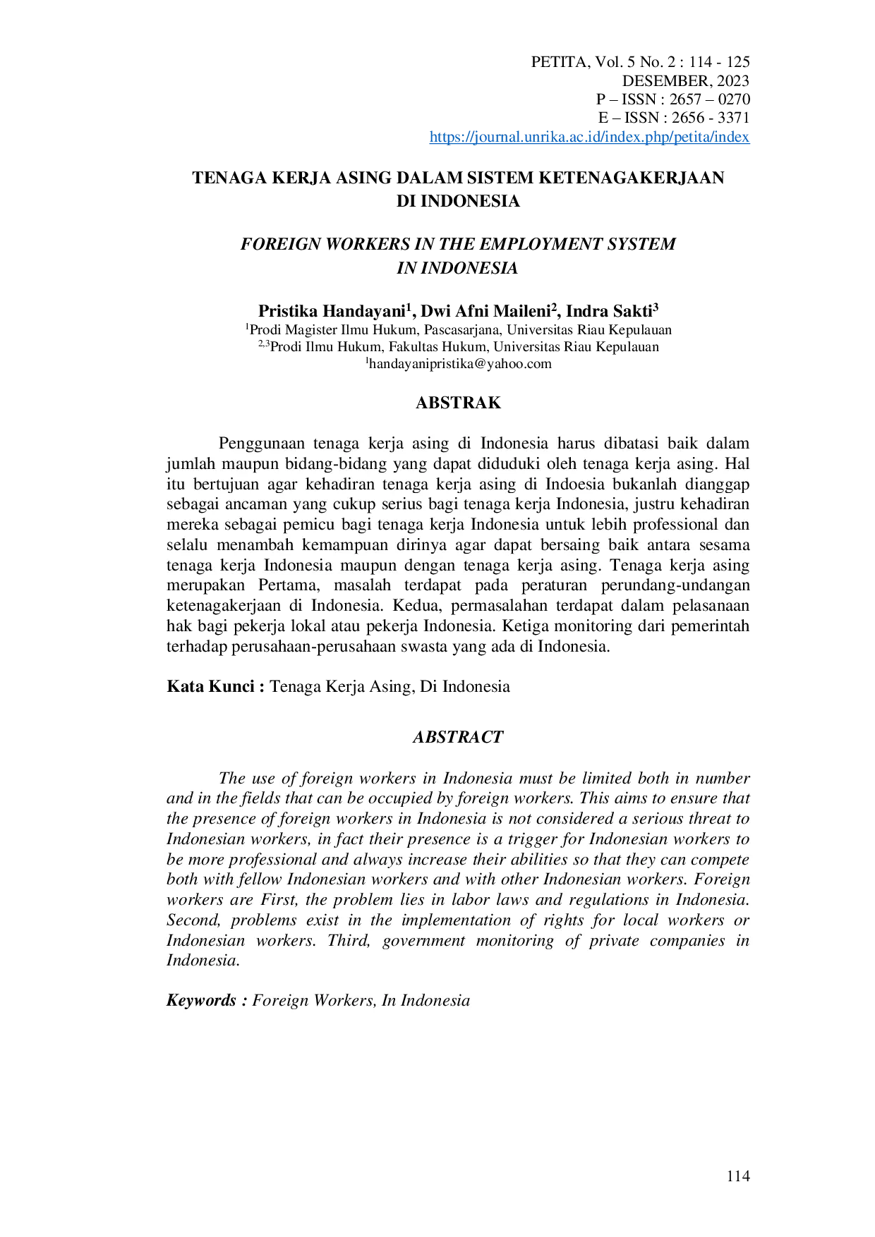JURIS Tenaga Kerja Asing Dalam Sistem Ketenagakerjaan Di Indonesia