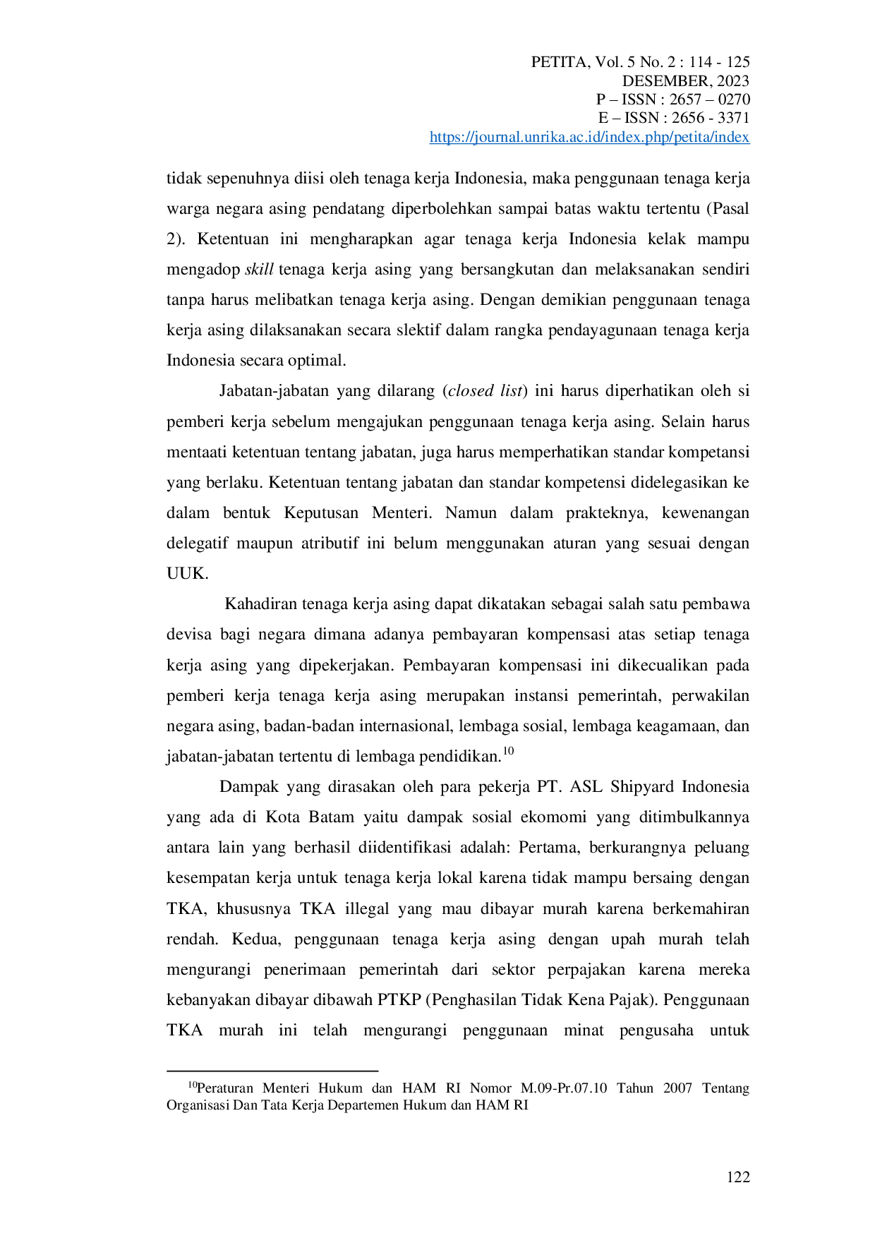 JURIS Tenaga Kerja Asing Dalam Sistem Ketenagakerjaan Di Indonesia
