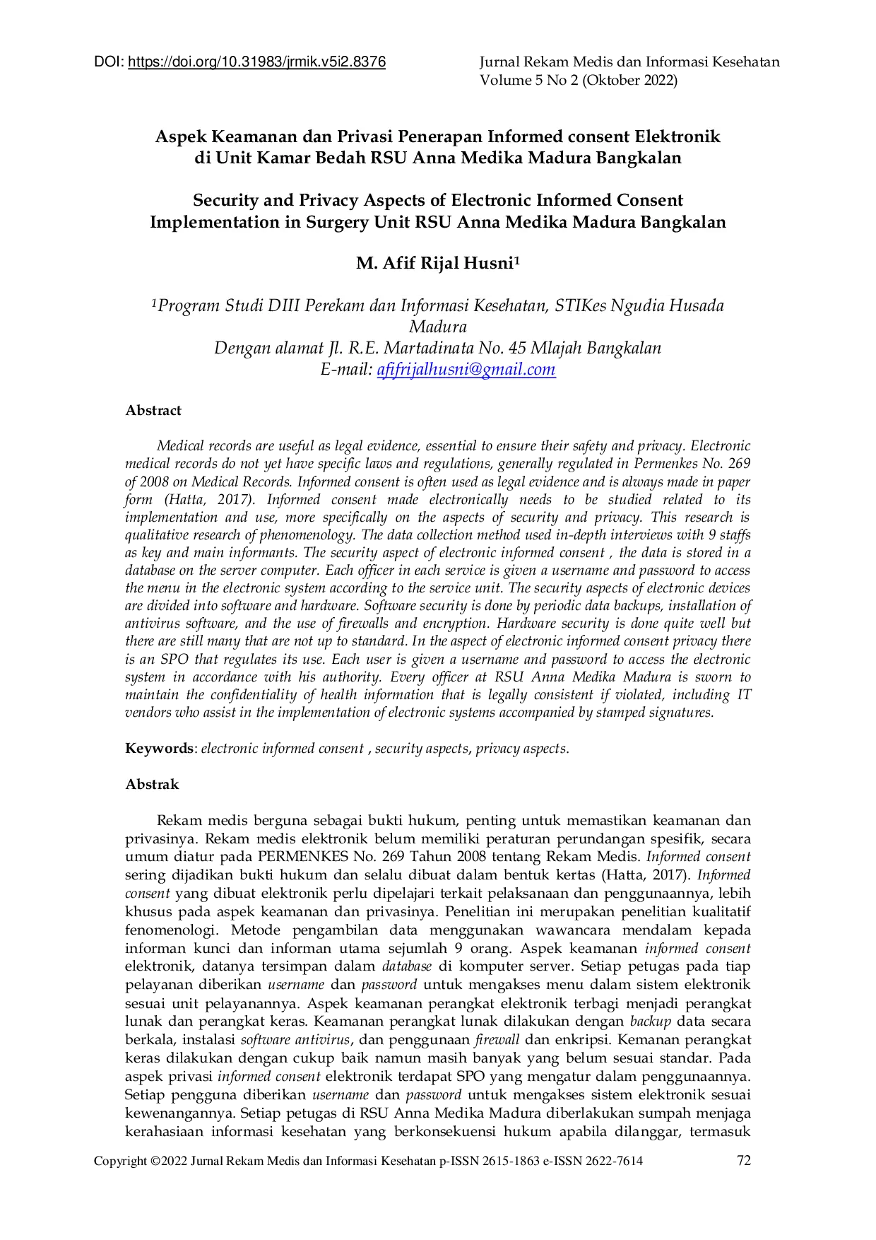 JURIS Aspek Keamanan dan Privasi Penerapan Informed Consent Elektronik di Unit Kamar Bedah RSU Anna Medika Madura Bangkalan