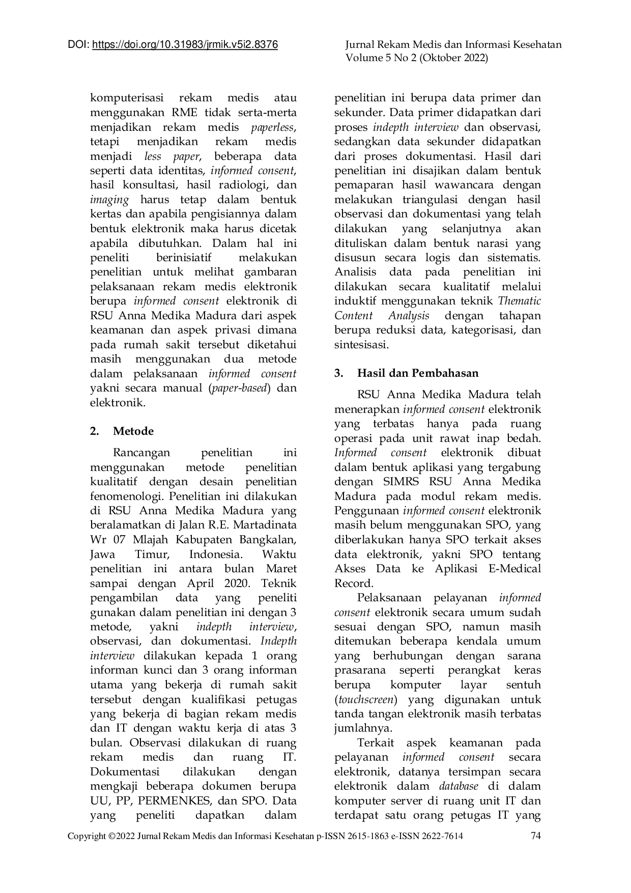 JURIS Aspek Keamanan dan Privasi Penerapan Informed Consent Elektronik di Unit Kamar Bedah RSU Anna Medika Madura Bangkalan