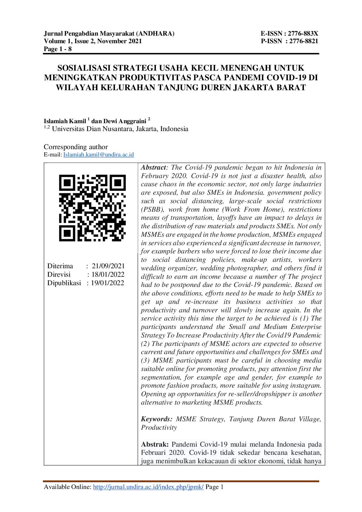 JURIS Sosialisasi Strategi Usaha Kecil Menengah untuk Meningkatkan Produktivitas Pasca Pandemi COVID 19 di Wilayah Kelurahan Tanjung Duren Jakarta Barat