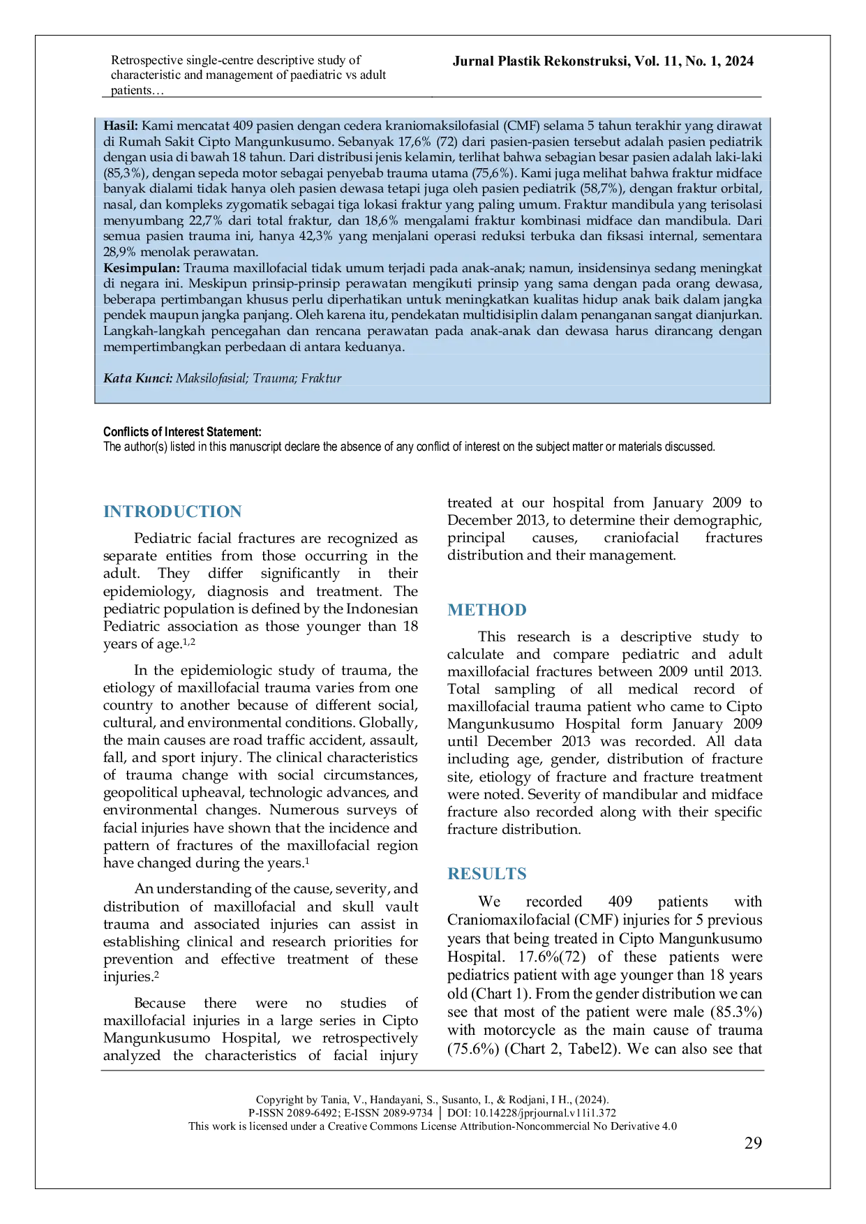 JURIS Retrospective Single Centre Descriptive Study of Characteristic and Management of Paediatric vs Adult Patients Presenting with Craniomaxillofacial Fracture