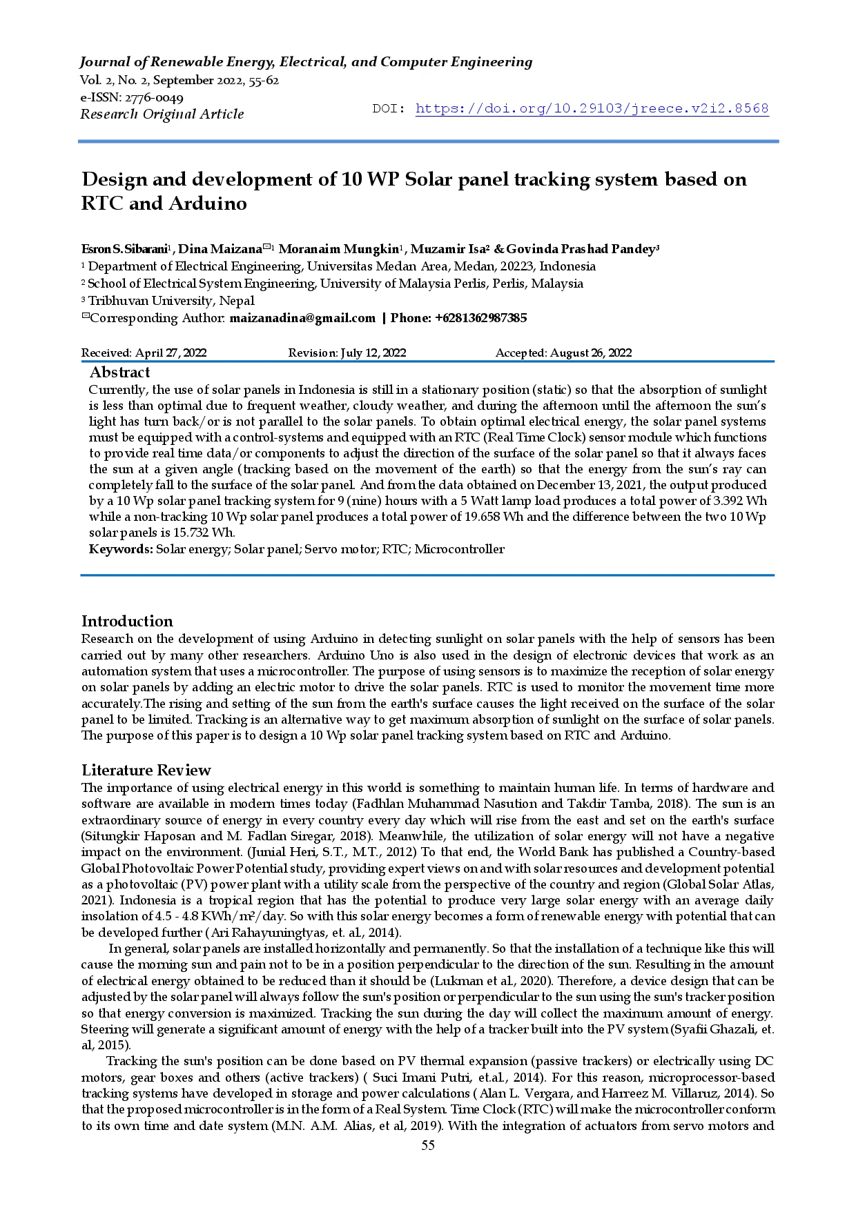 juris Design and development of 10 WP Solar panel tracking system based on RTC and Arduino