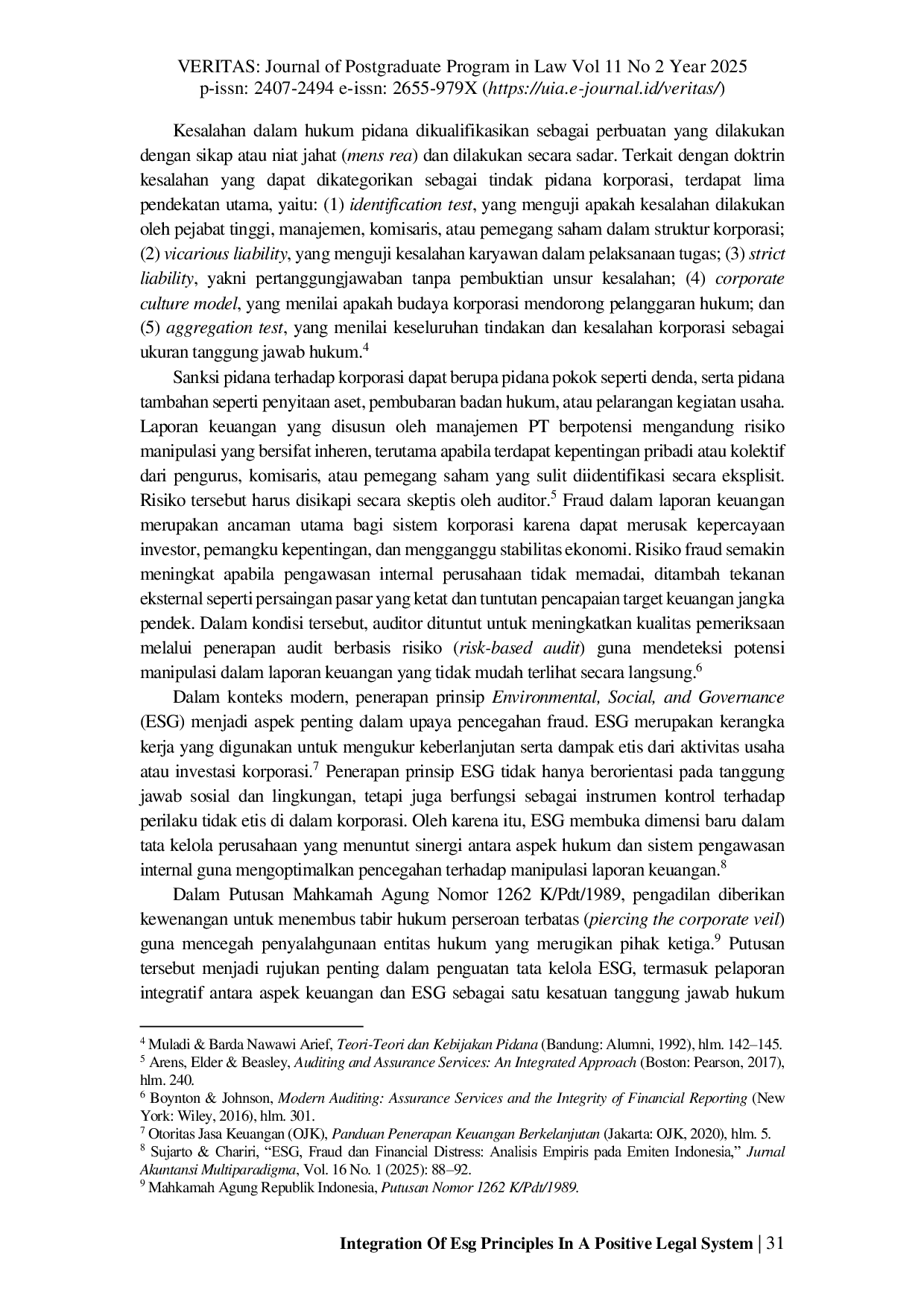 JURIS Integrasi Prinsip ESG Dalam Sistem Hukum Positif Indonesia Melalui Strategi Pencegahan Fraud Laporan Keuangan Dengan Reformasi Regulasi Dan Doktrin Piercing The Corporate Veil
