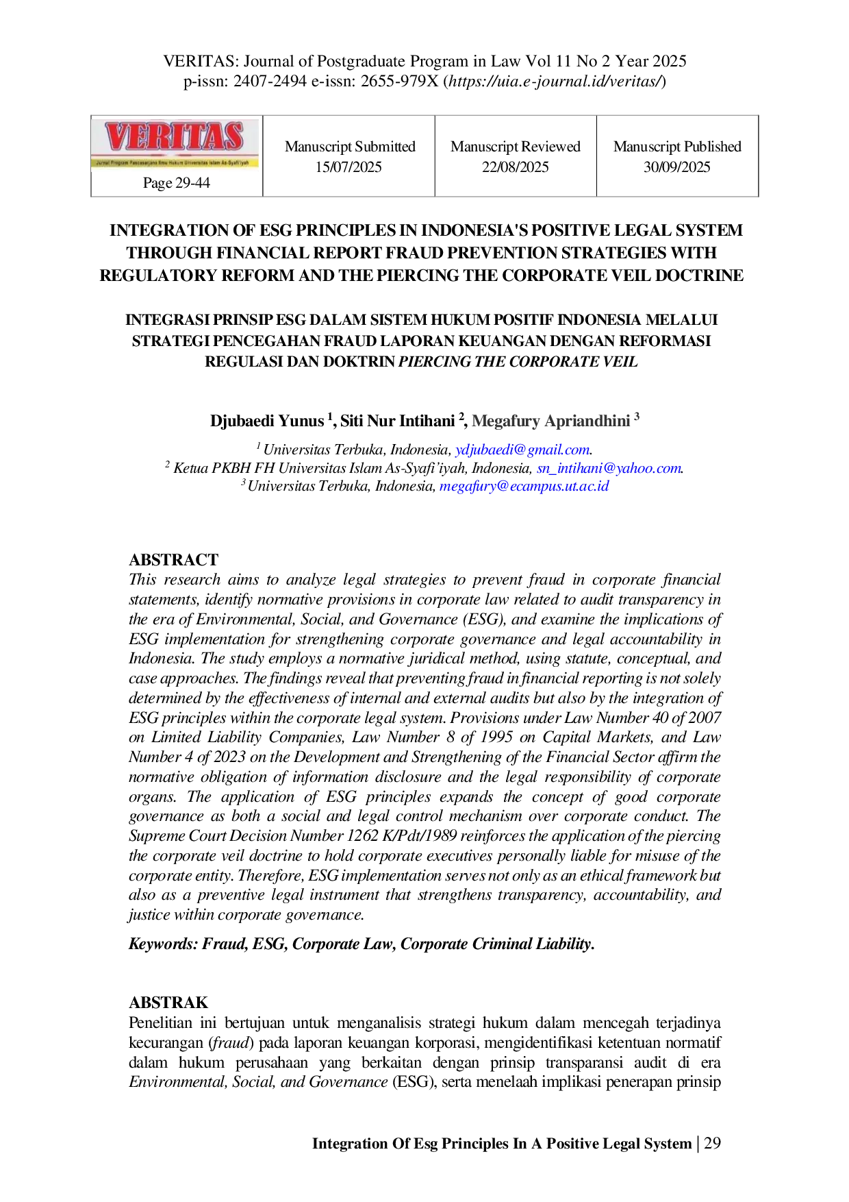 JURIS Integrasi Prinsip ESG Dalam Sistem Hukum Positif Indonesia Melalui Strategi Pencegahan Fraud Laporan Keuangan Dengan Reformasi Regulasi Dan Doktrin Piercing The Corporate Veil
